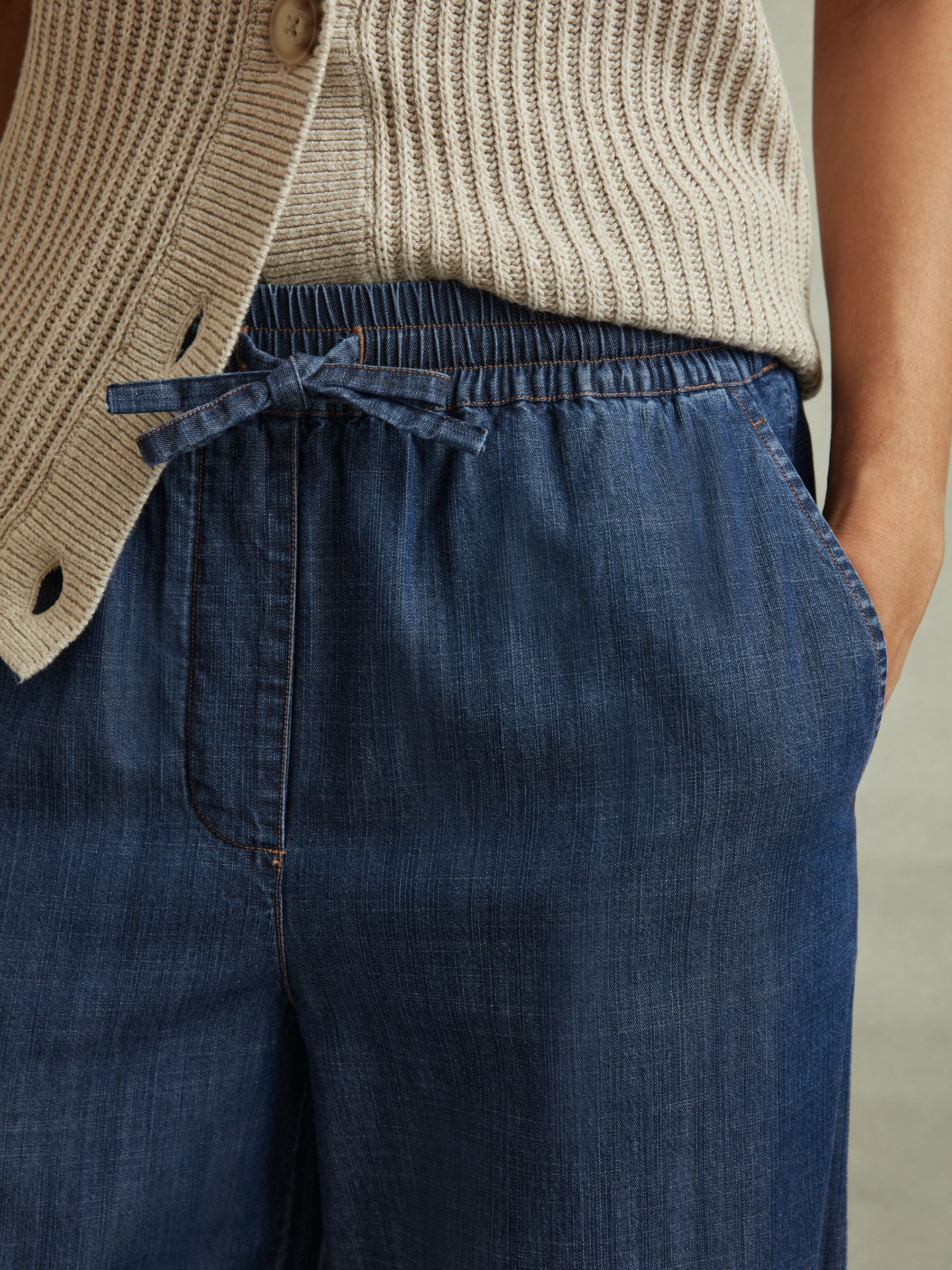 Denim Look Wide Leg Trousers in Mid Blue