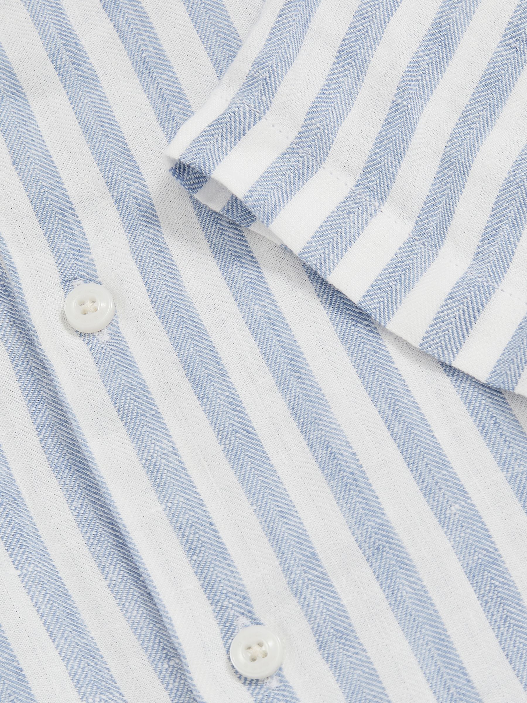 Slim Fit Linen Button-Through Shirt in Soft Blue Herringbone Stripe