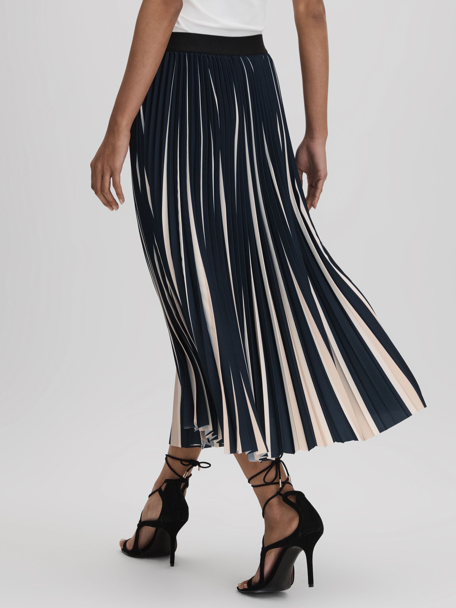Pleated Striped Midi Skirt in Navy/Cream