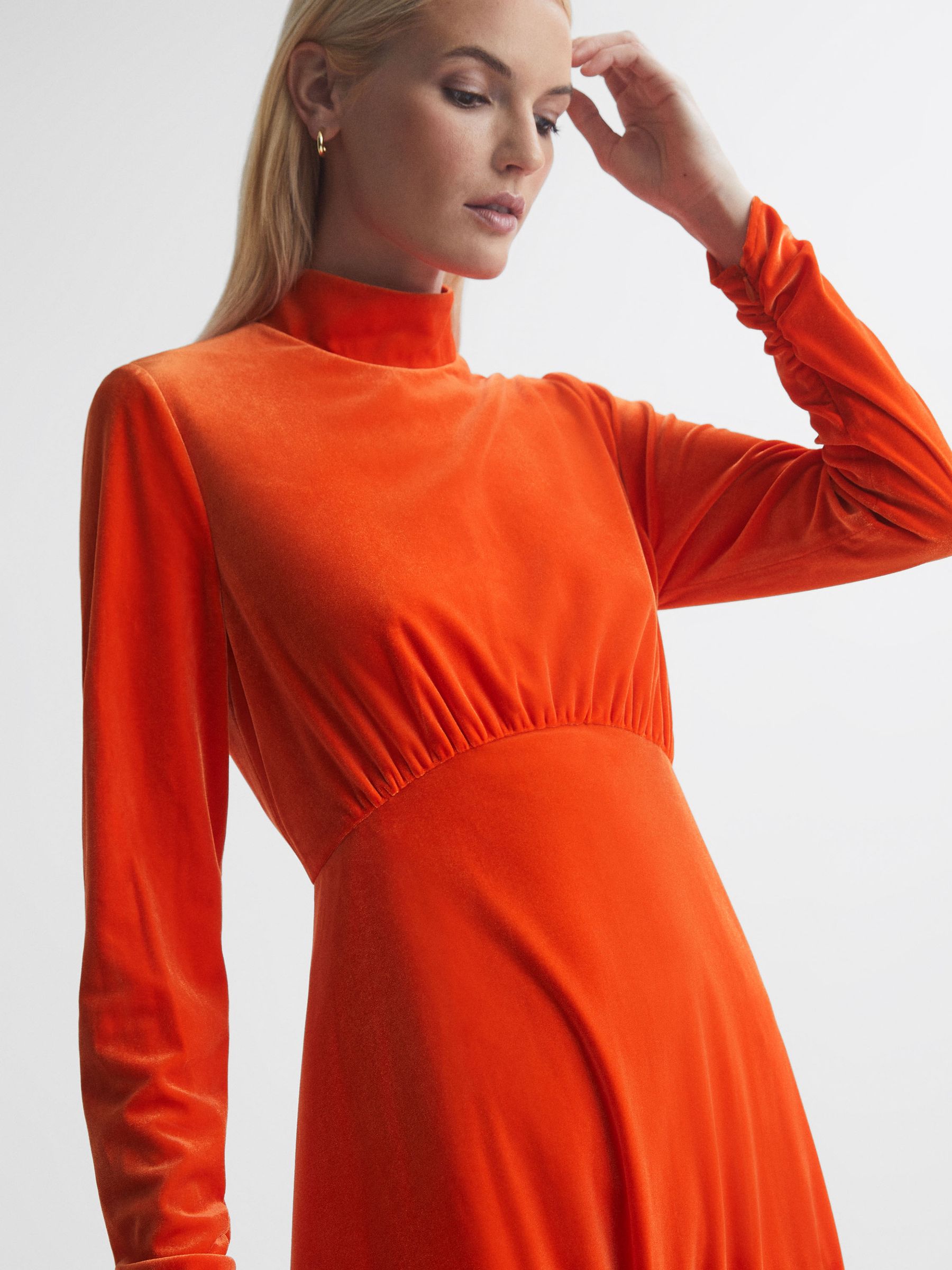 Florere Velvet Midi Dress in Bright Orange