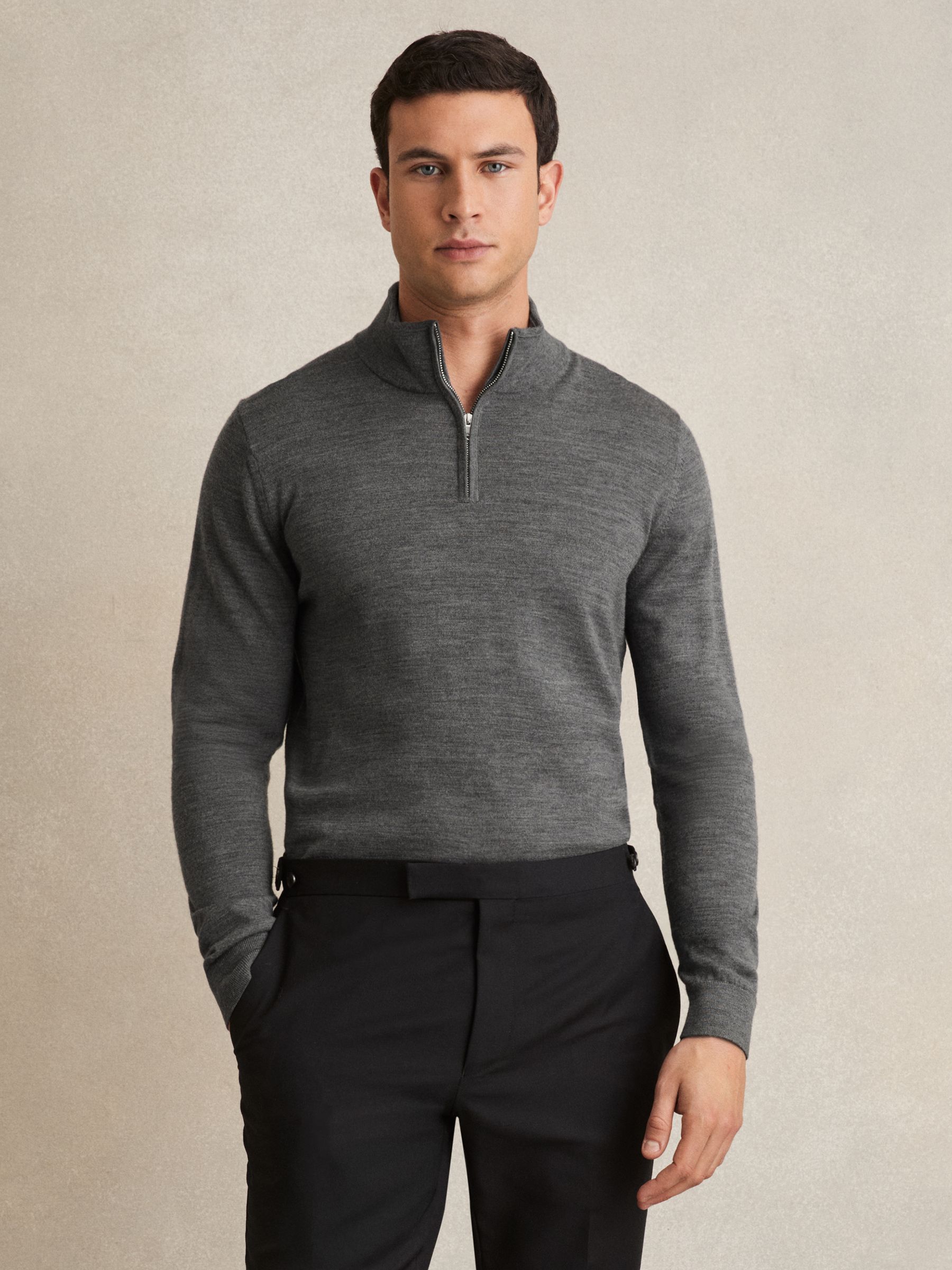 Merino Wool Half-Zip Funnel Neck Jumper in Derby Grey Marl