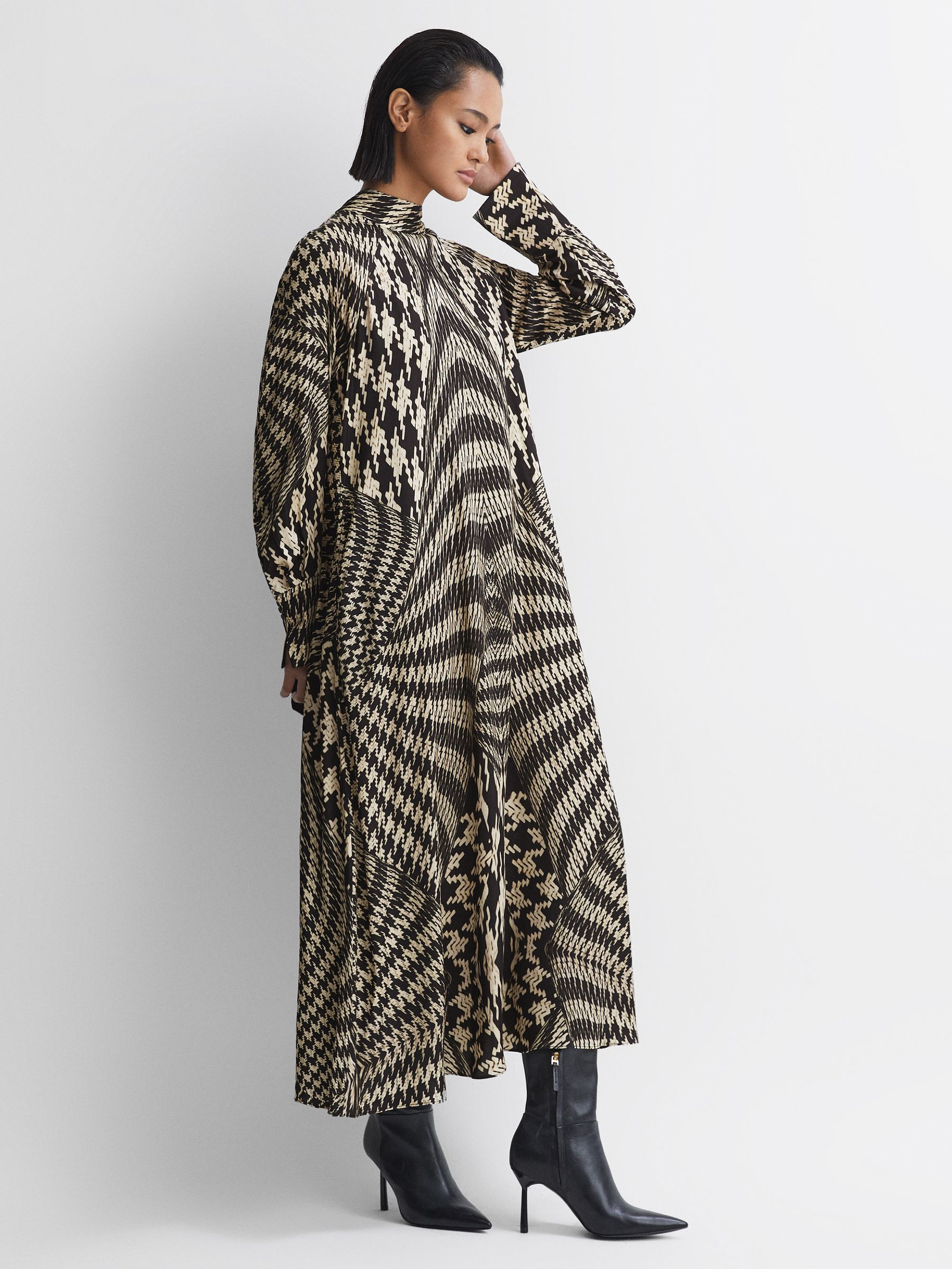 Dogtooth Midi Dress in Black/White