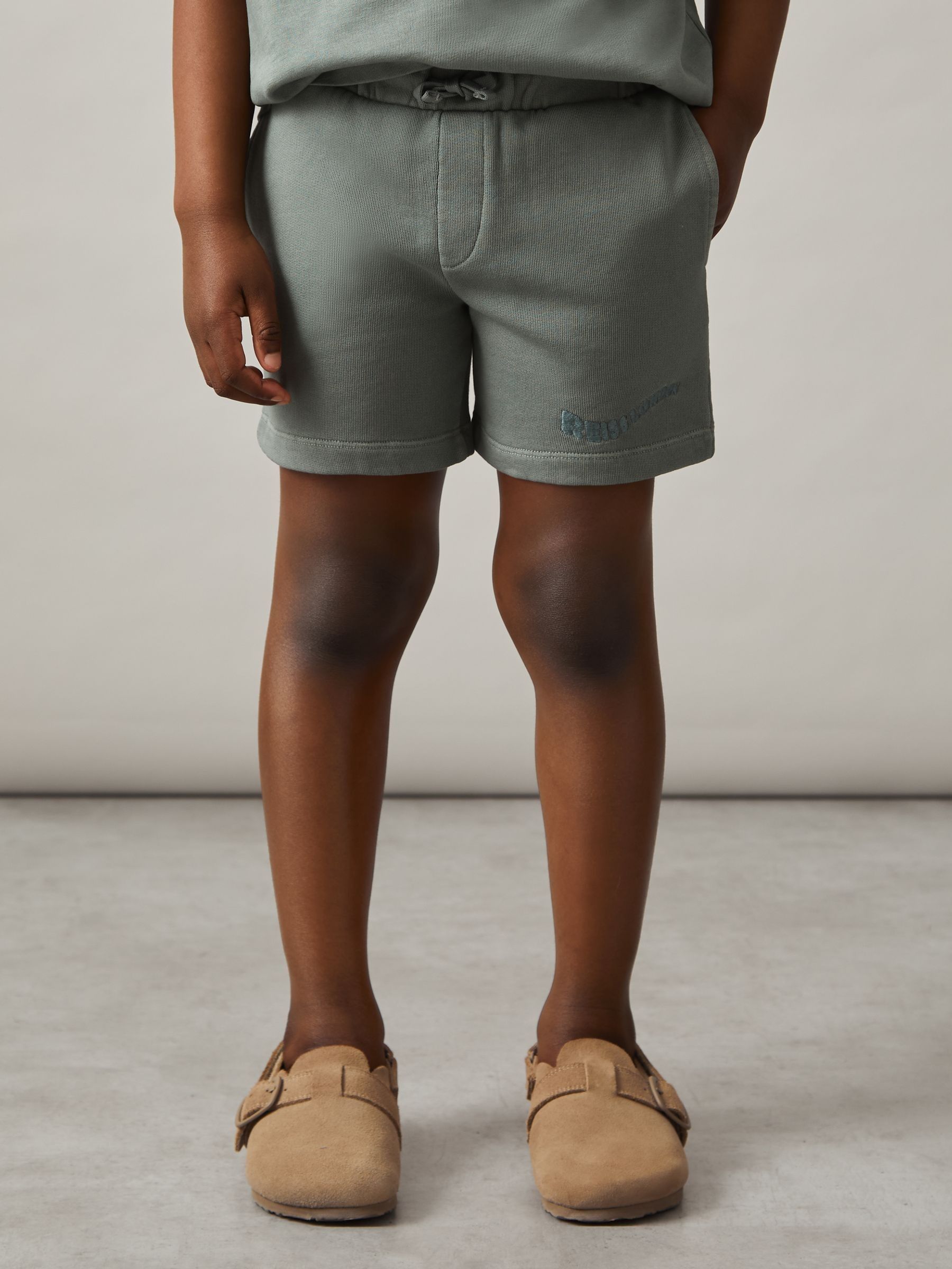 9-13 yrs Cotton Brand-Embroidered Shorts in Washed Sage