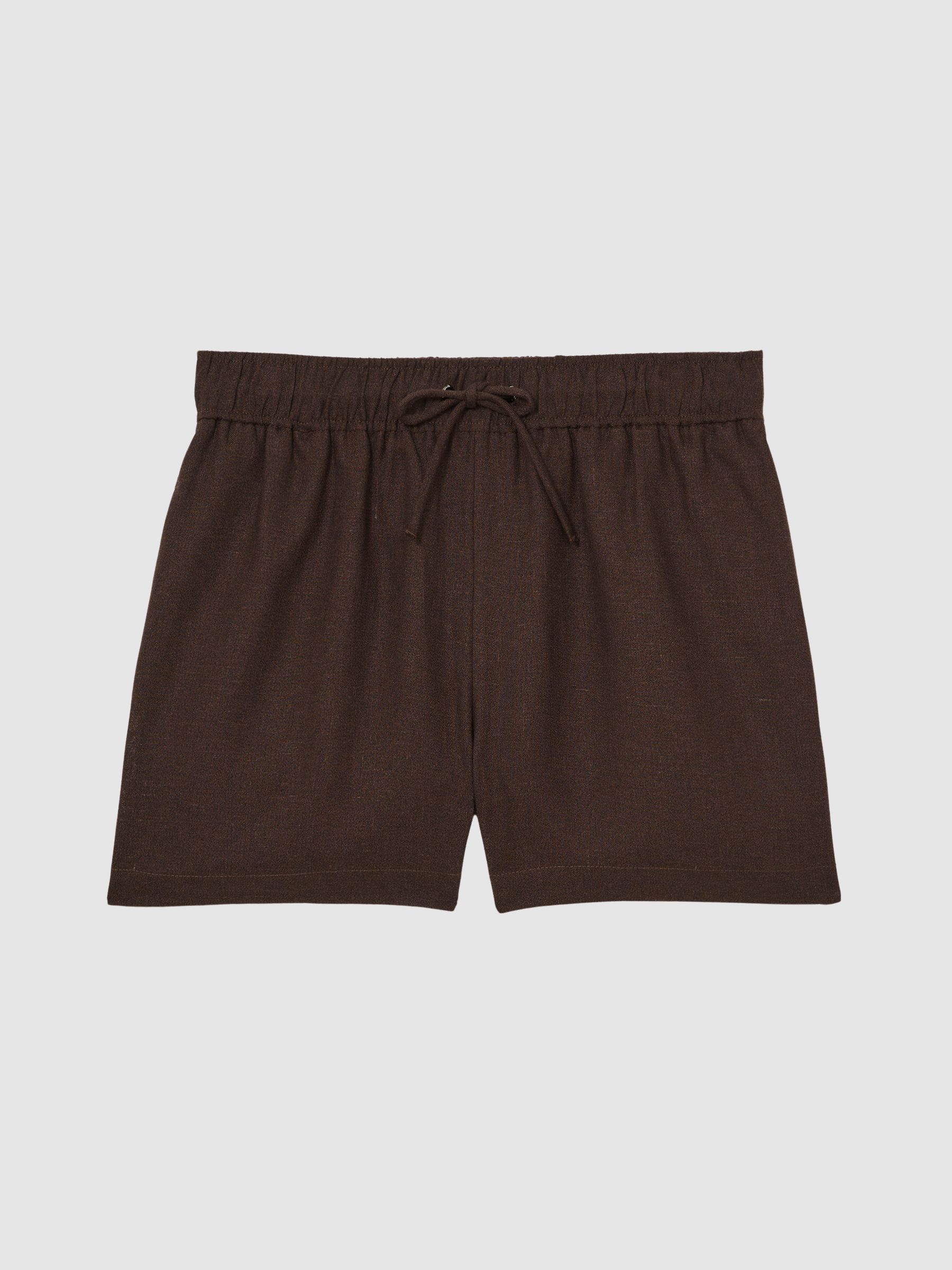 Linen Blend Drawstring Shorts in Chocolate Brown