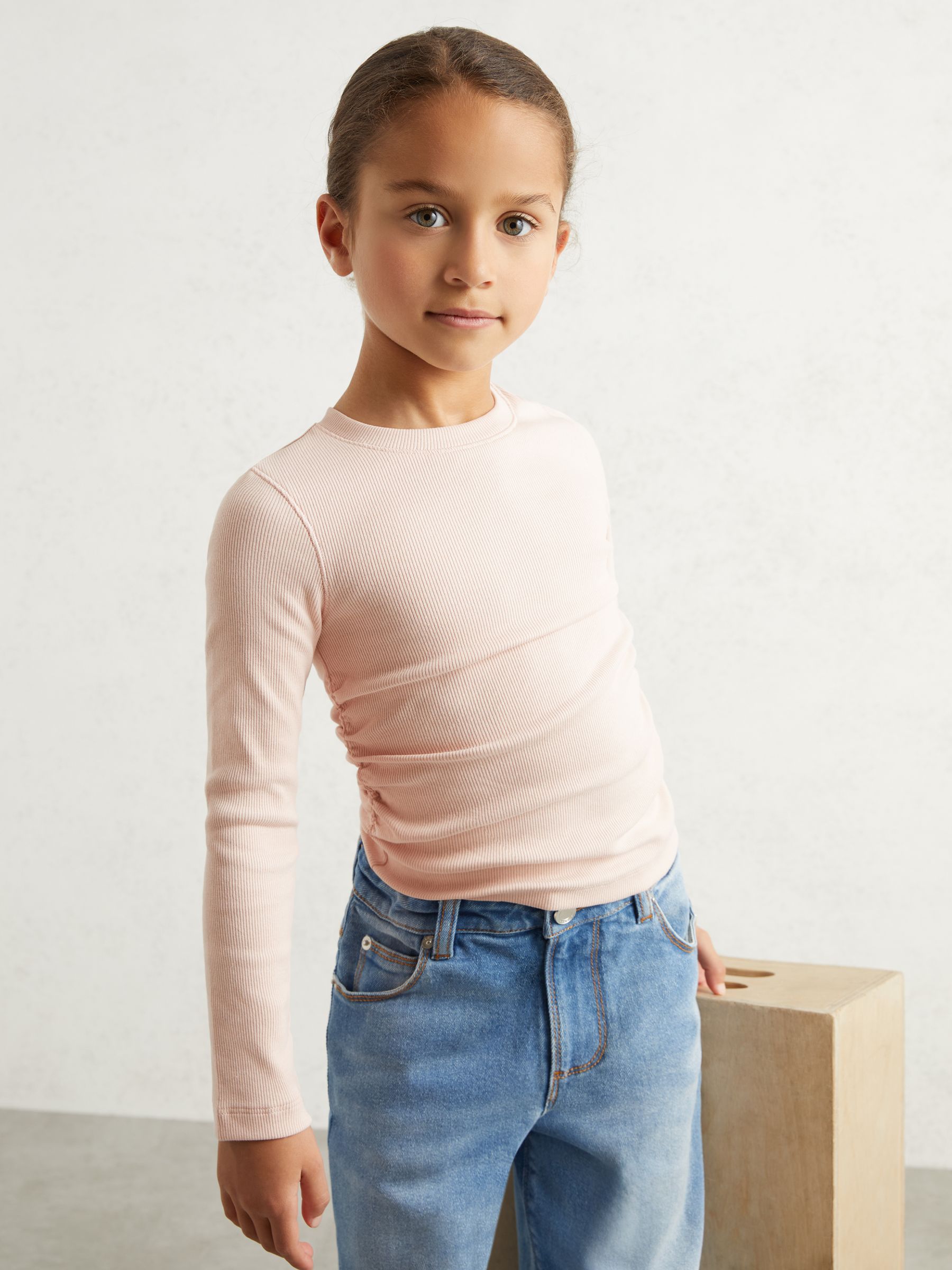 13-14 yrs Cotton Ruched Long-Sleeve T-Shirt with Stretch in Pale Pink