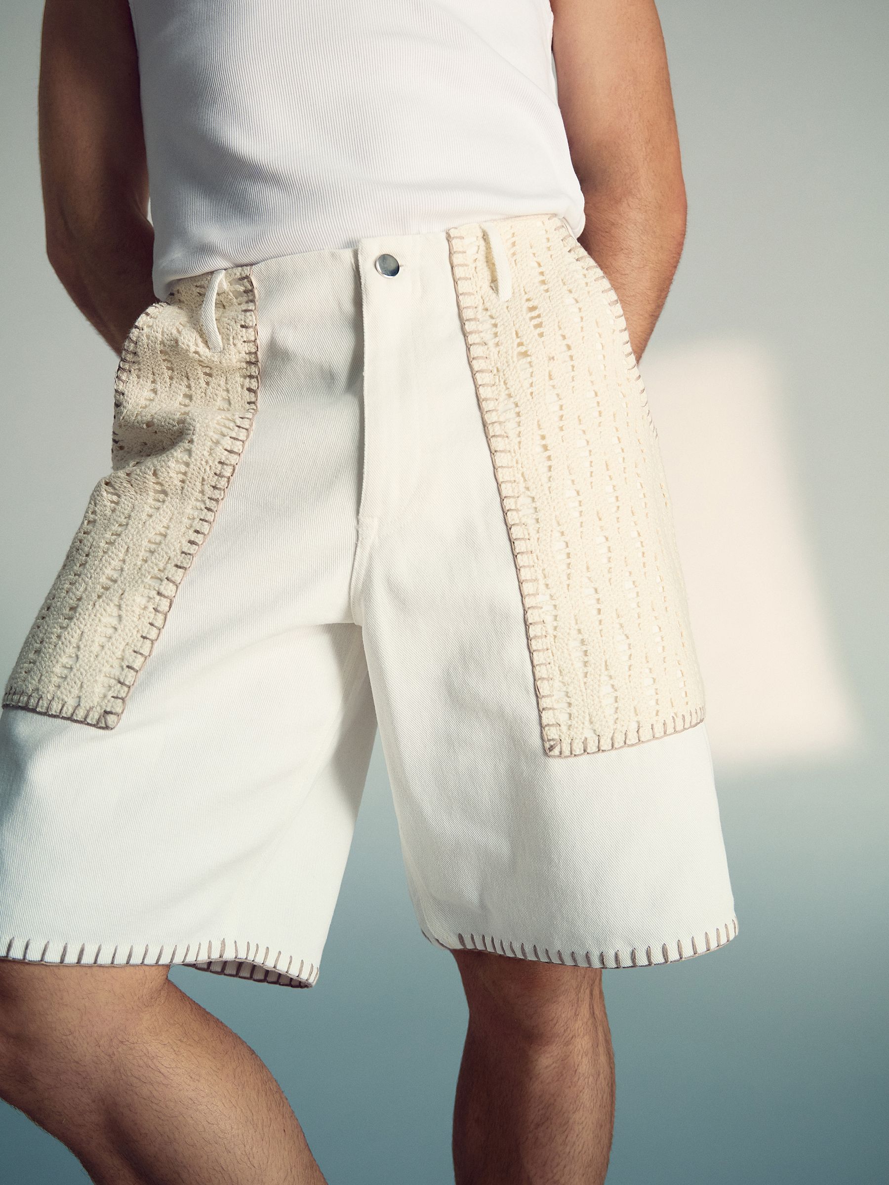 Reiss | Tom Daley Crochet Denim Shorts in Off White