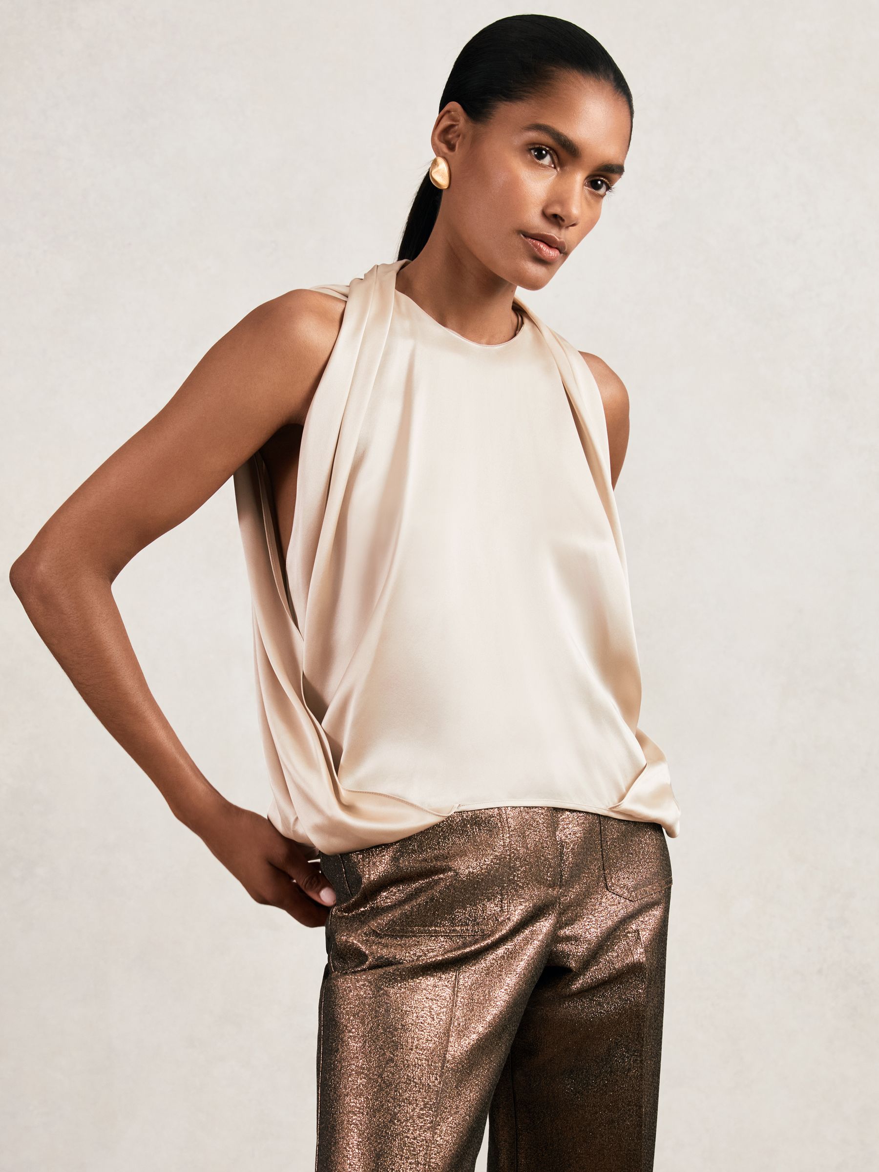 Silk Draped Sleeveless Top in Champagne Neutral