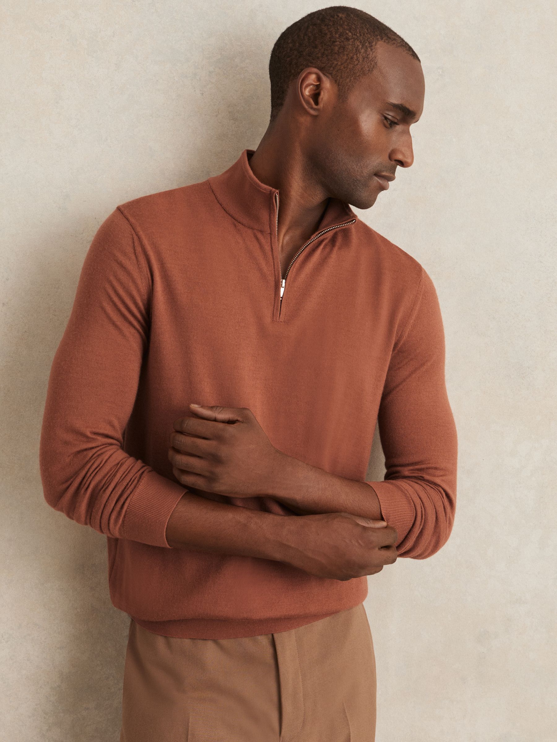 Merino Wool Half-Zip Funnel Neck Jumper in Cinnamon Brown