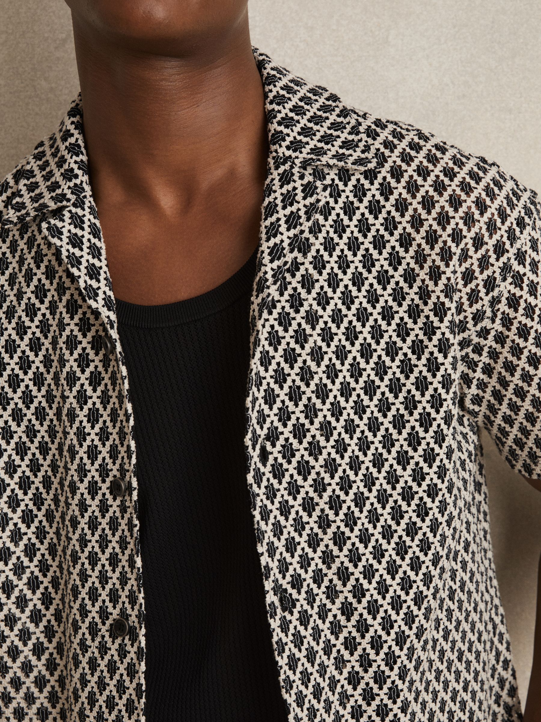 Geometric-Crochet Cuban-Collar Shirt in Navy/White