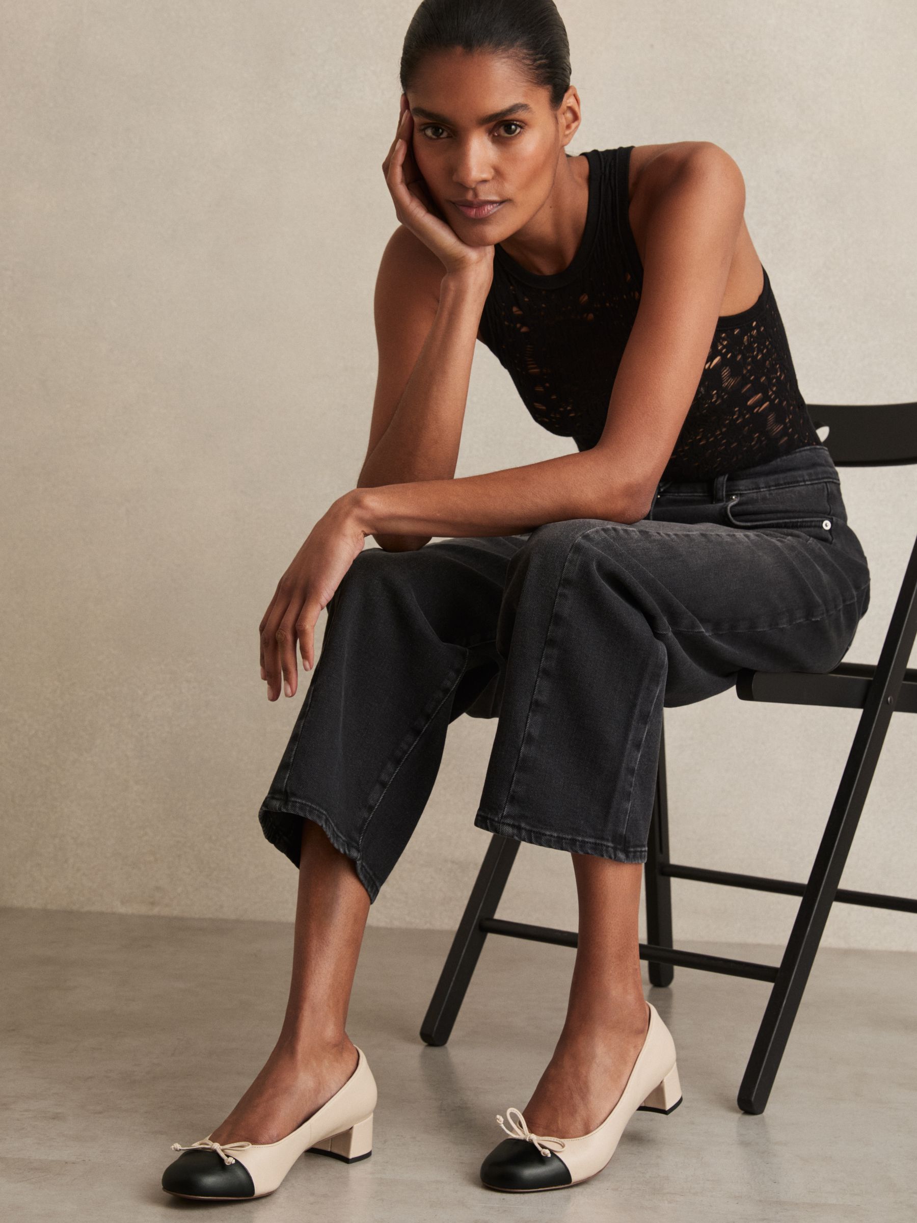 Leather Block Heel Ballerina Shoes in White/Black