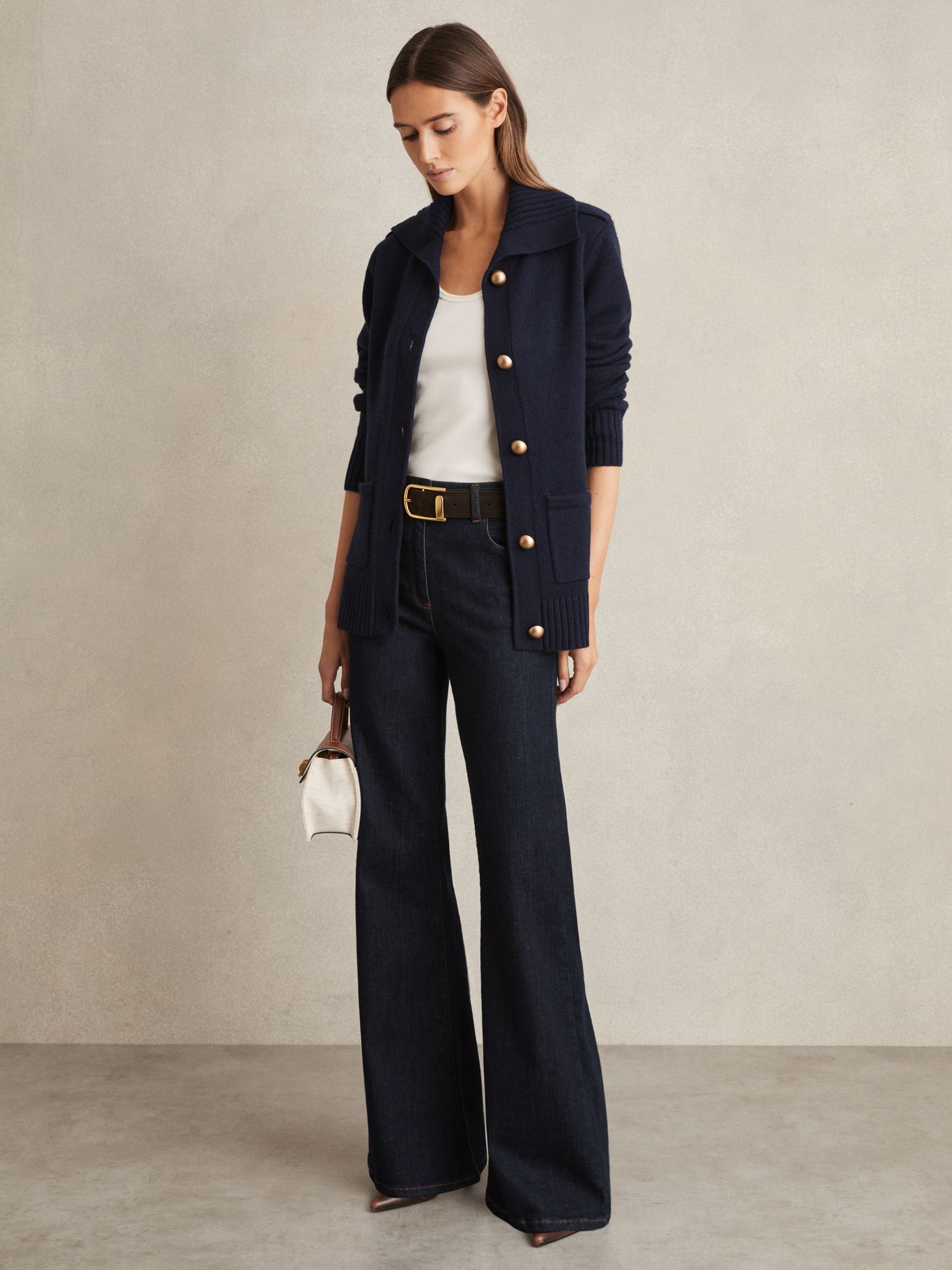 Wool-Cashmere Spread Collar Cardigan in Navy