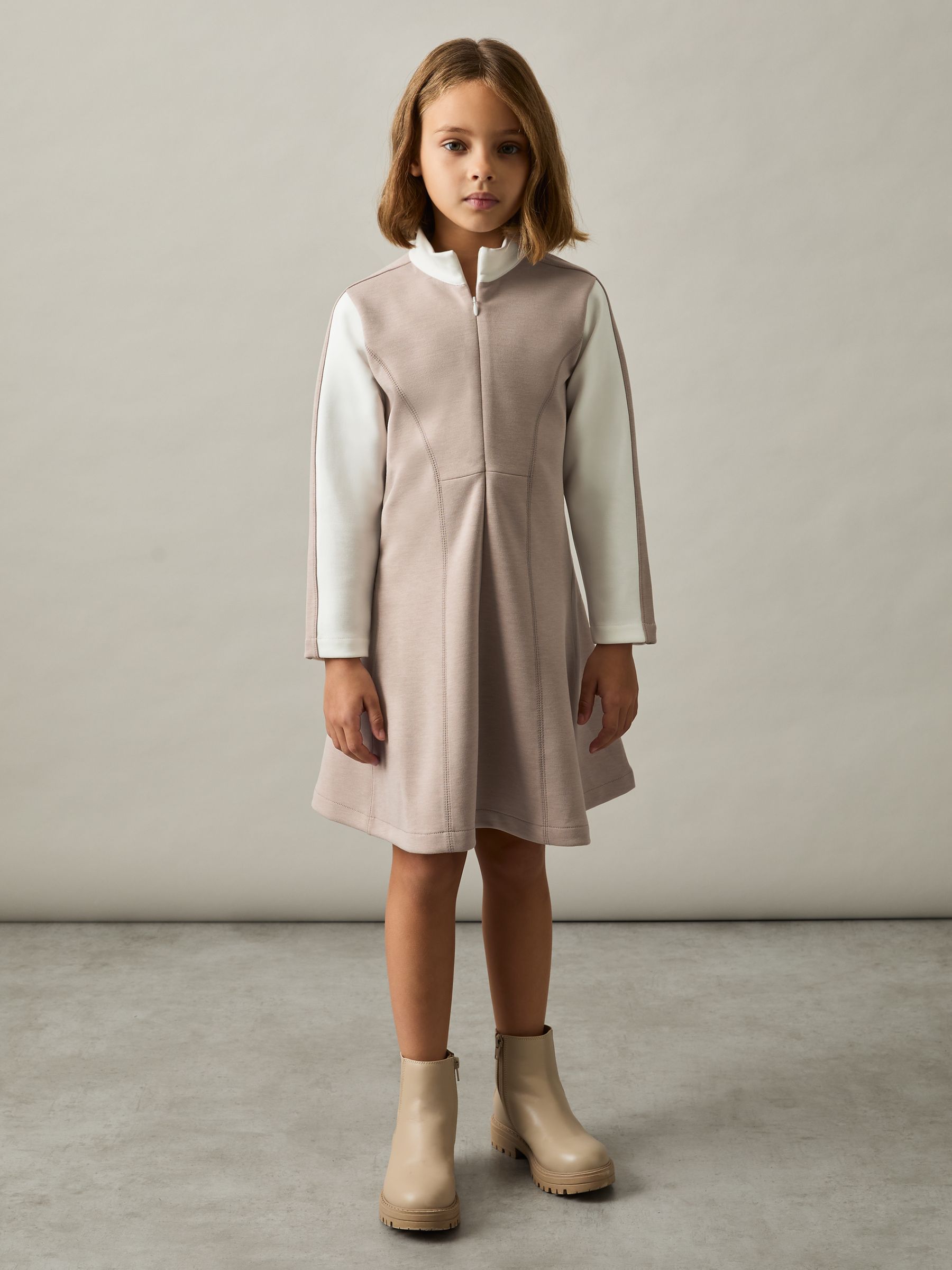 13-14 yrs Jersey Contrast-Stitch Flared Dress in Ecru
