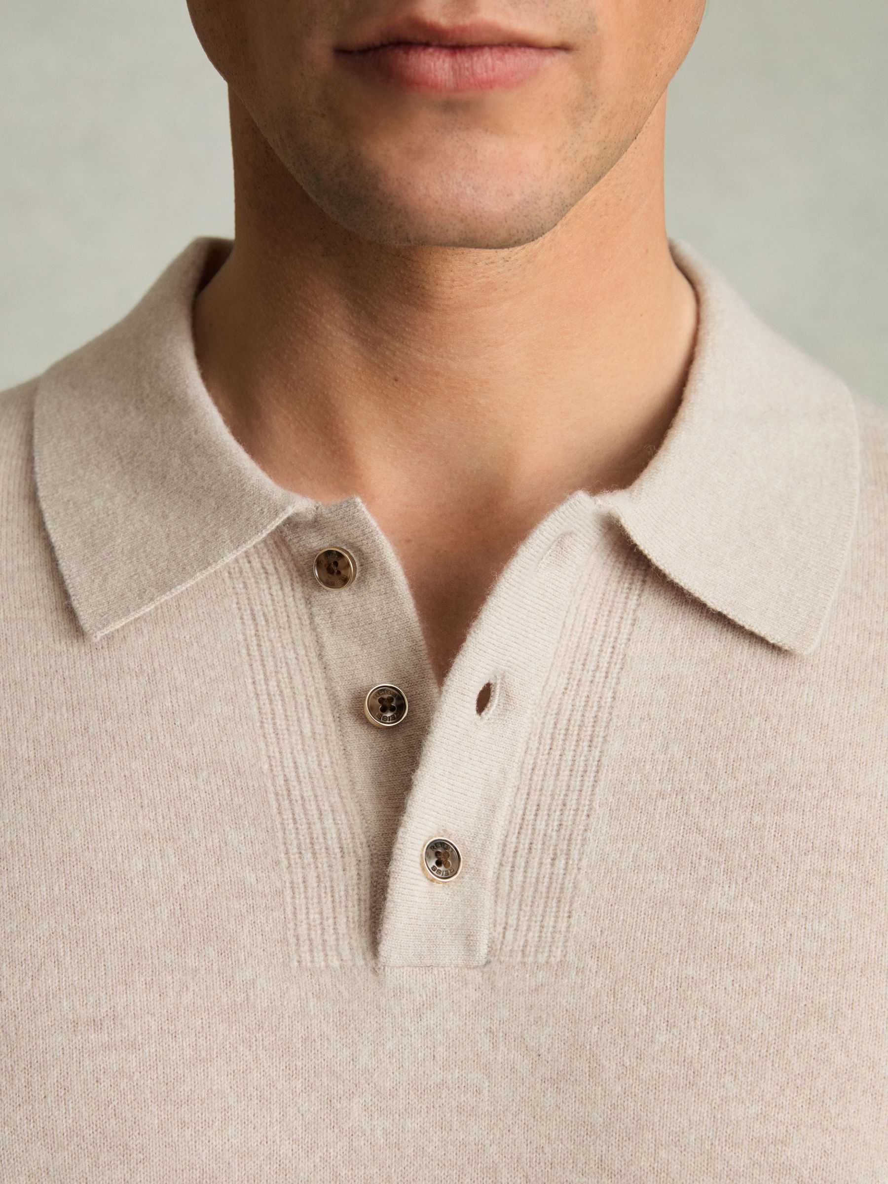 Wool Textured Long Sleeve Polo Shirt in Oatmeal