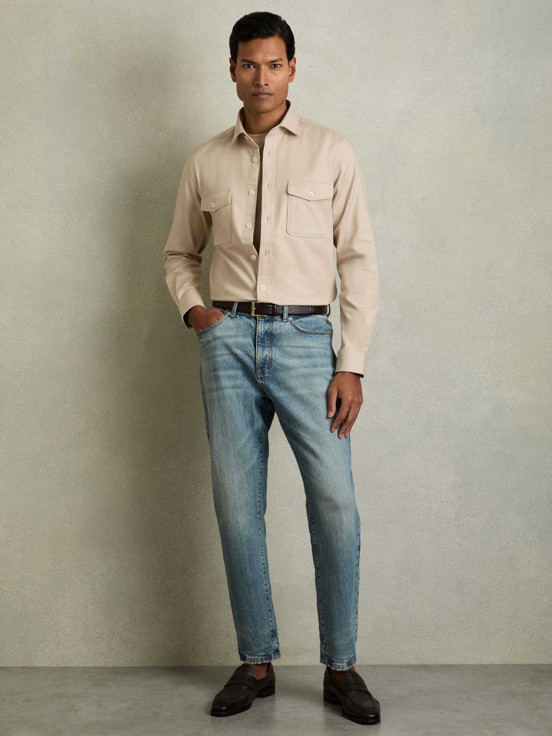 Stretch-Cotton Twill Twin-Pocket Overshirt in Stone