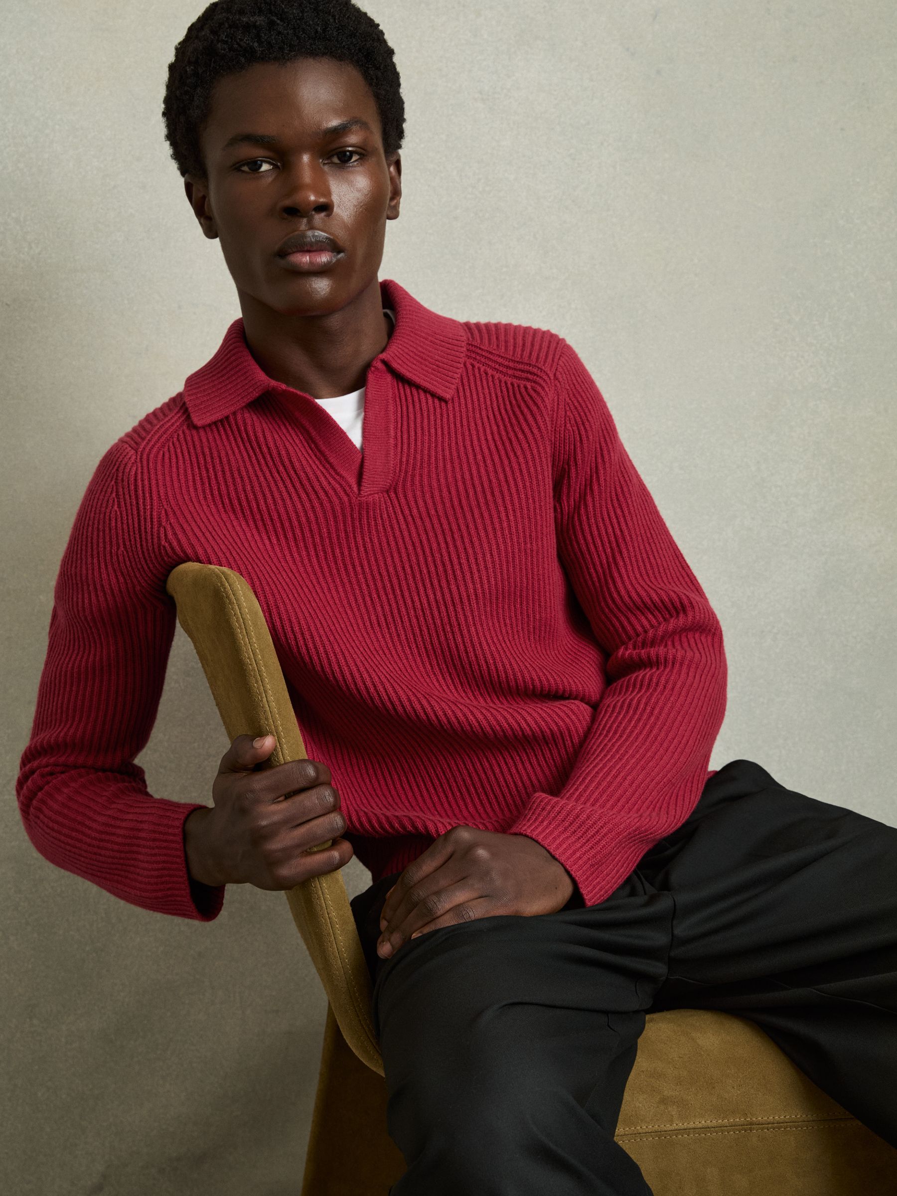 Rib Knit Open Collar Polo Shirt in Red