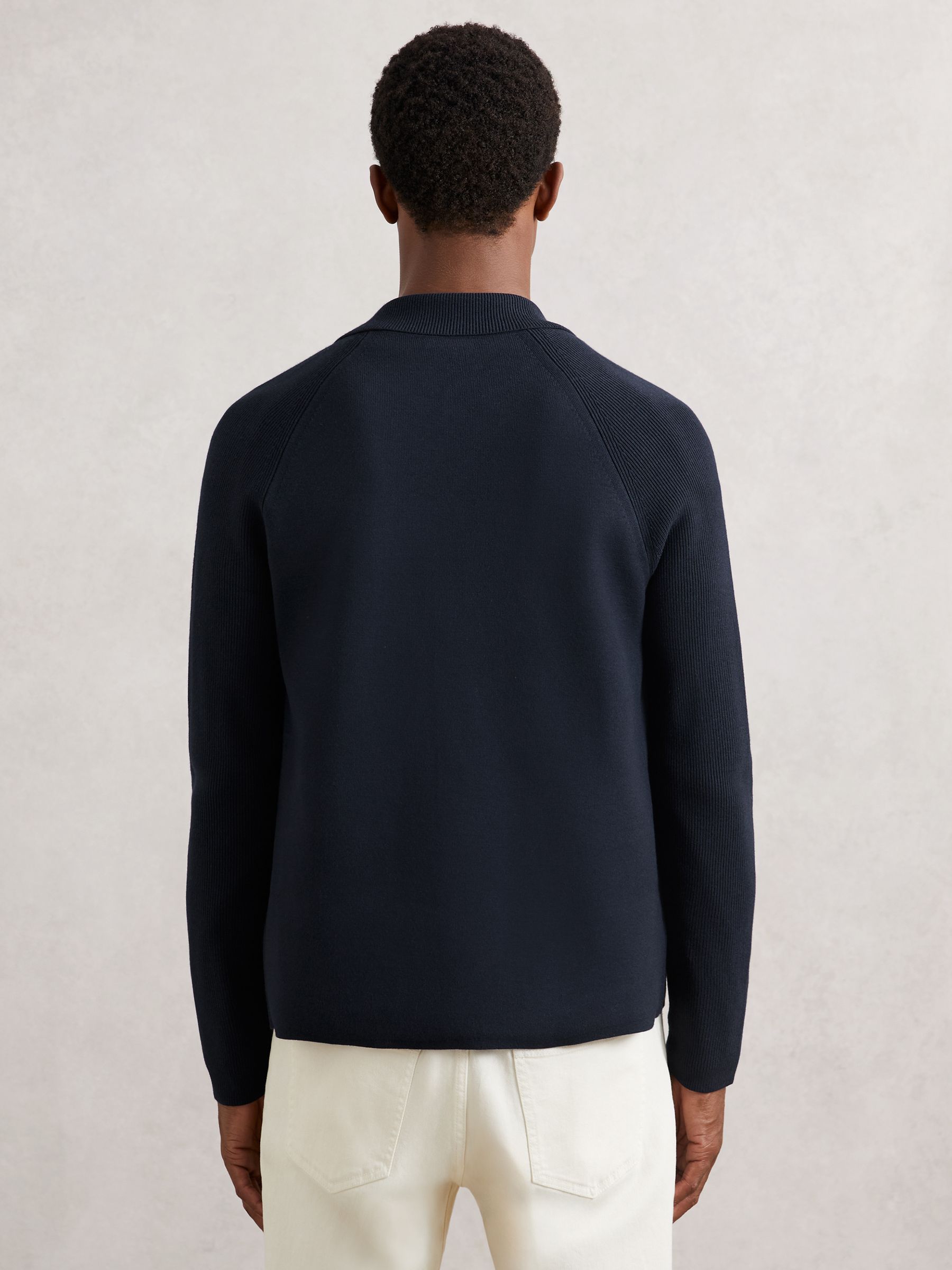 Button-Through Ribbed-Sleeve Shirt in Navy Blue