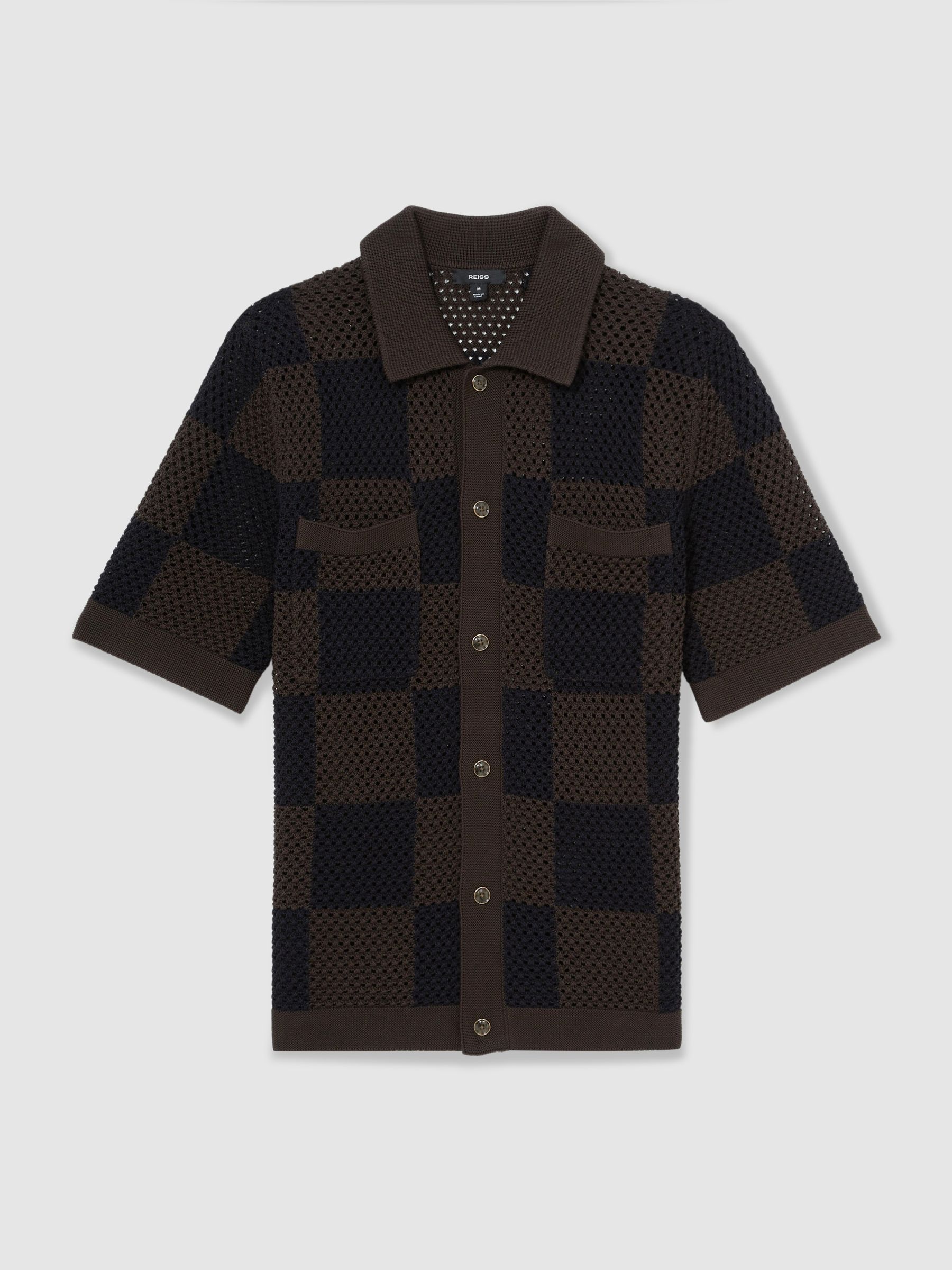 Cotton Chequerboard Crochet Shirt in Chocolate/Navy