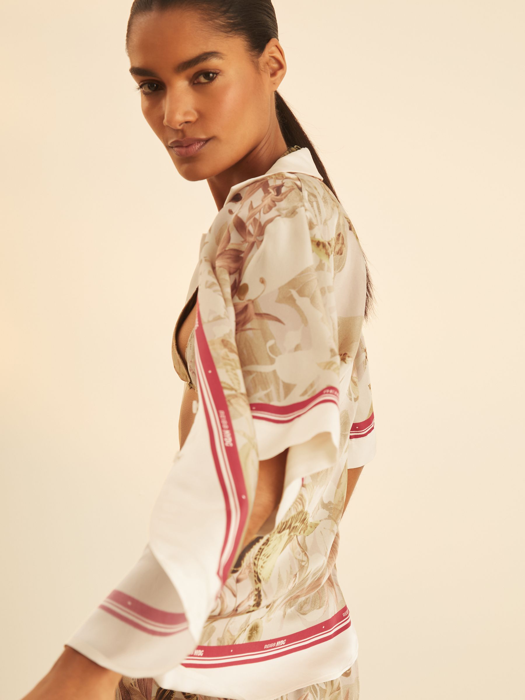 Reiss | NYBG Satin Floral-Print Shirt in Light Khaki