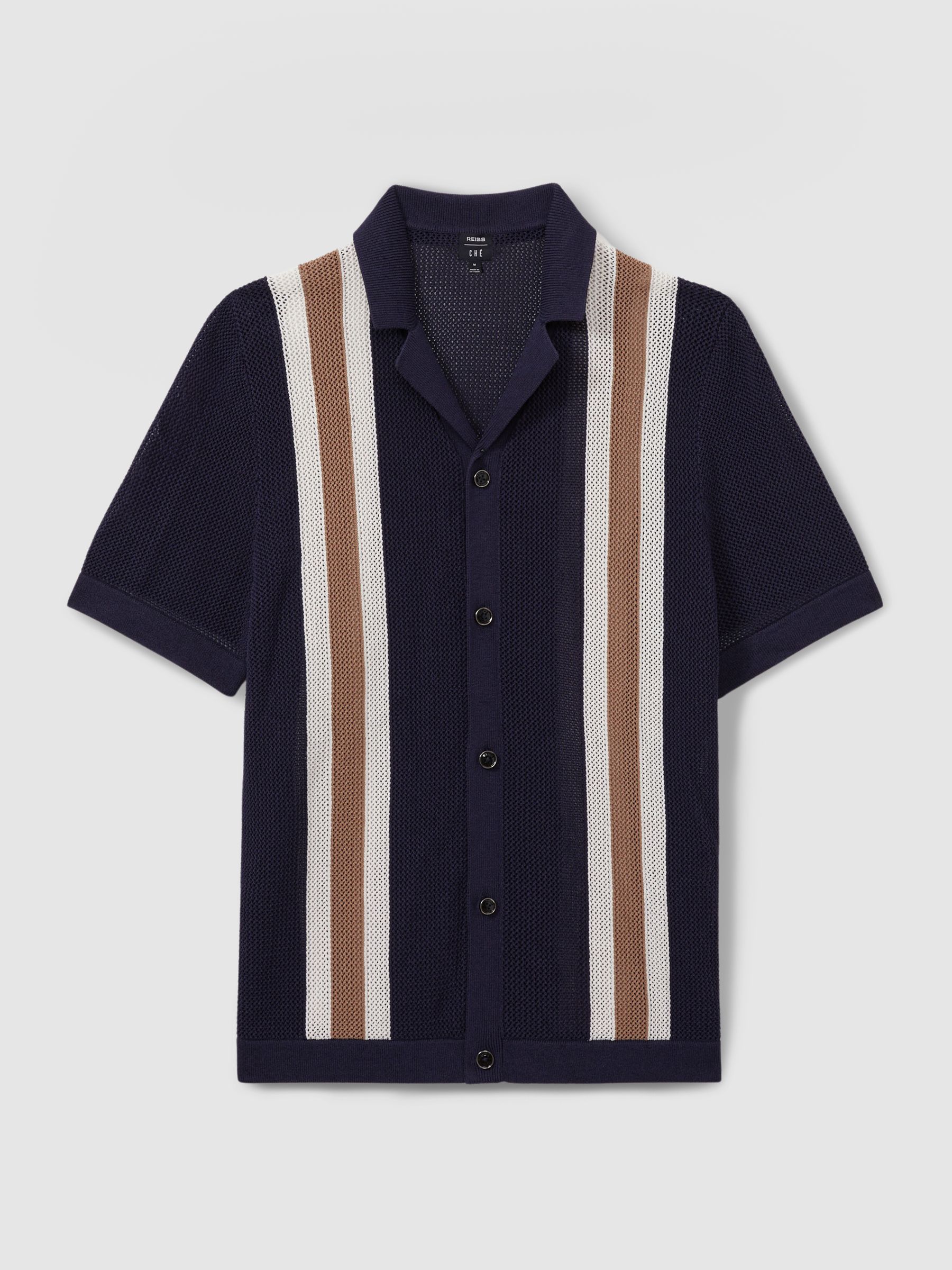 Reiss | Ché Knitted Contrast Stripe Cuban Collar Shirt in Navy/Camel