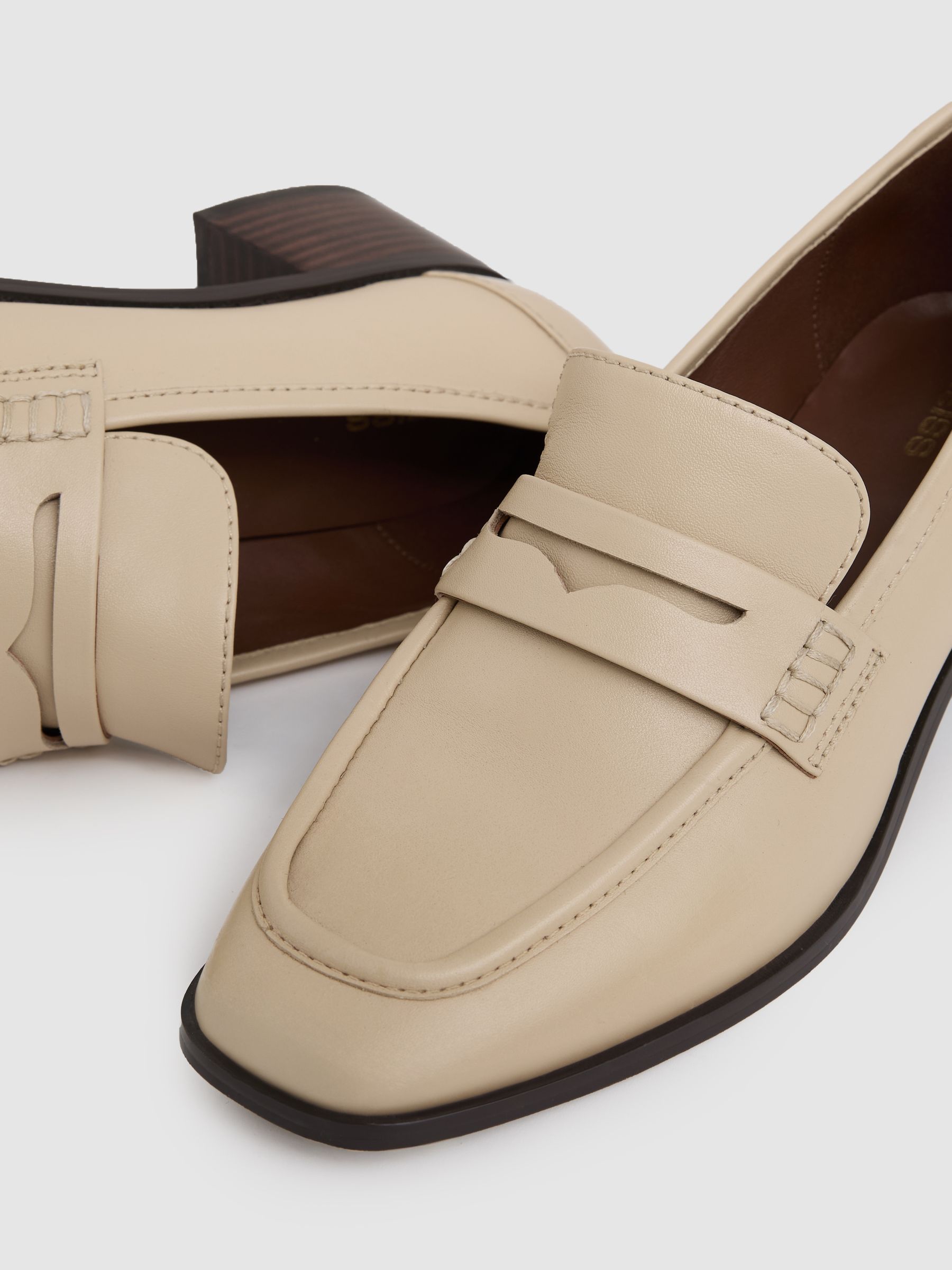 Leather Block-Heel Penny Loafers in Off White