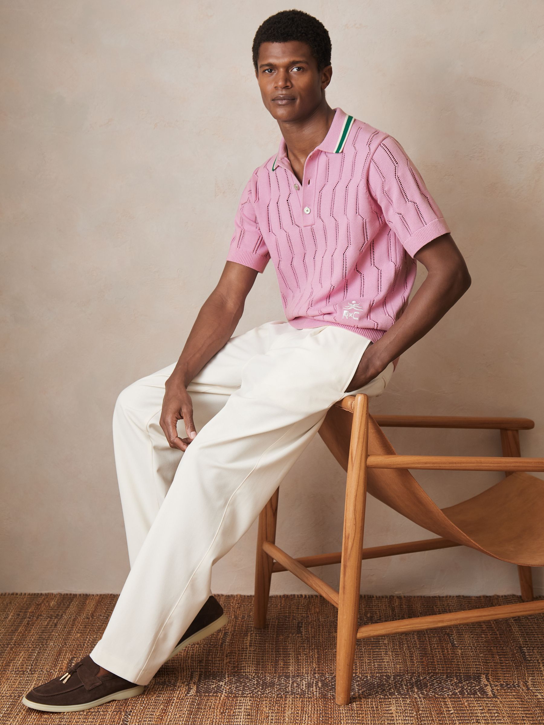 Reiss | Ché Cotton Pointelle Polo Shirt in Pink