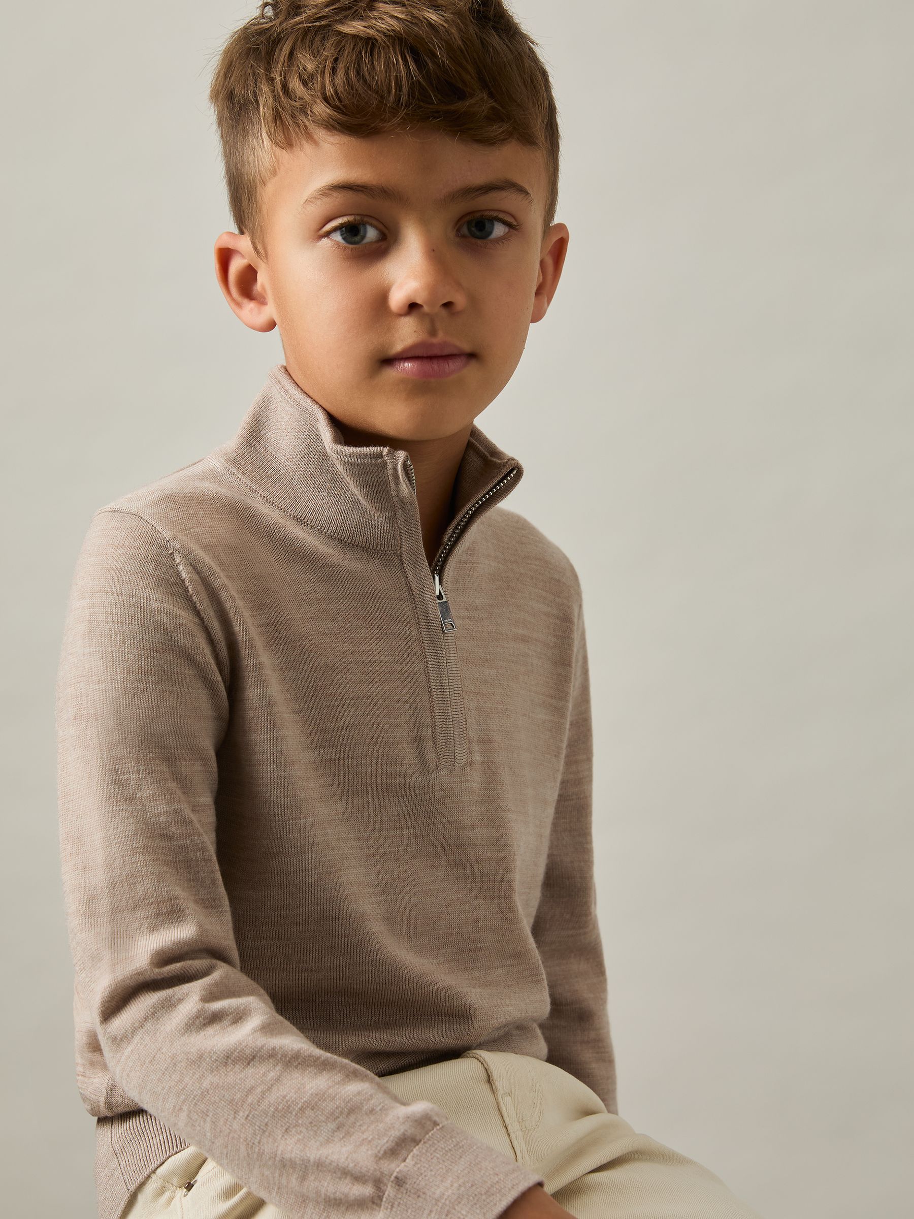 9-13 yrs Merino Wool Half-Zip Funnel Neck Jumper in Wheat Melange