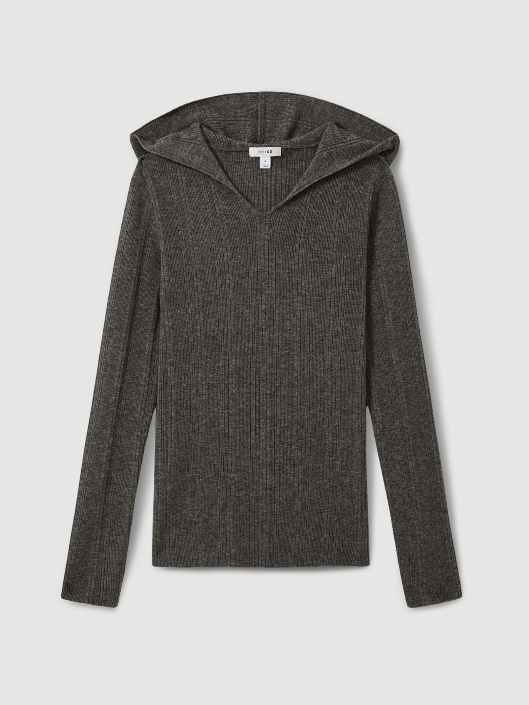 Wool-Blend Rib-Knit Hooded Jumper in Charcoal