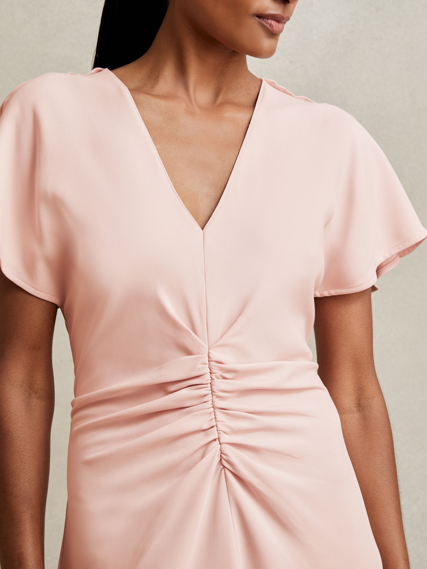 Ruched-Front Midi Dress in Pale Pink