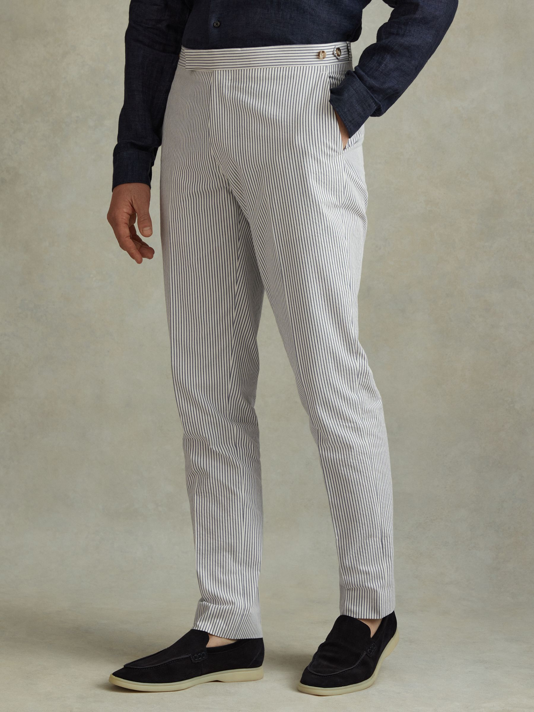 Barr Soft Blue/White Cotton Seersucker Adjuster Slim Fit Trousers