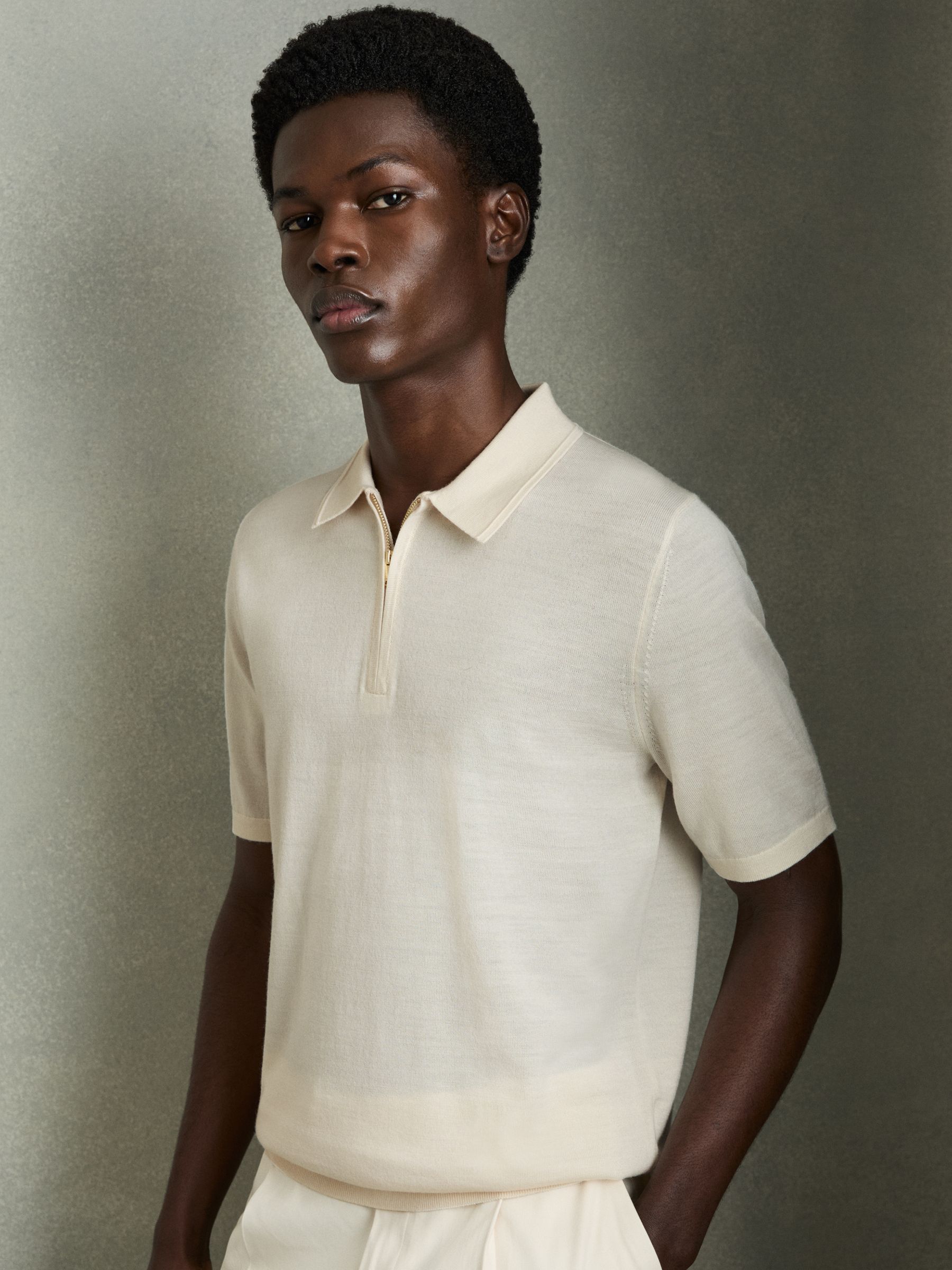 Merino Wool Half-Zip Polo Shirt in Snow White
