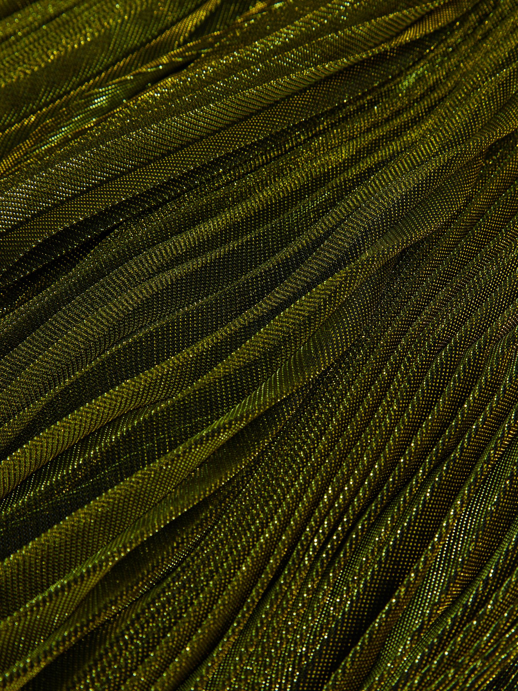 Halston Metallic Pleated Maxi Dress in Dark Olive Green