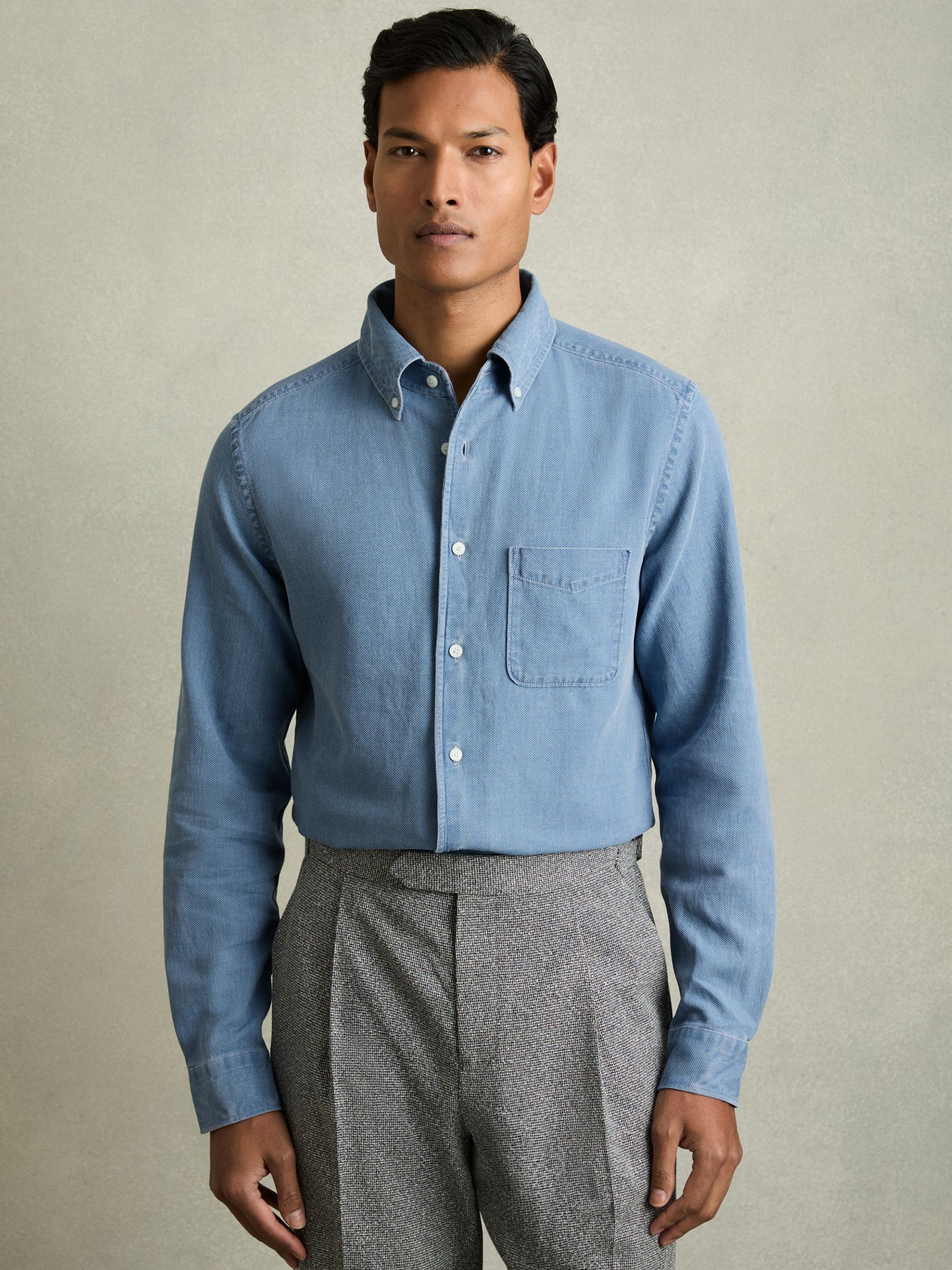 Denim Piqué Button-Through Shirt in Indigo Blue