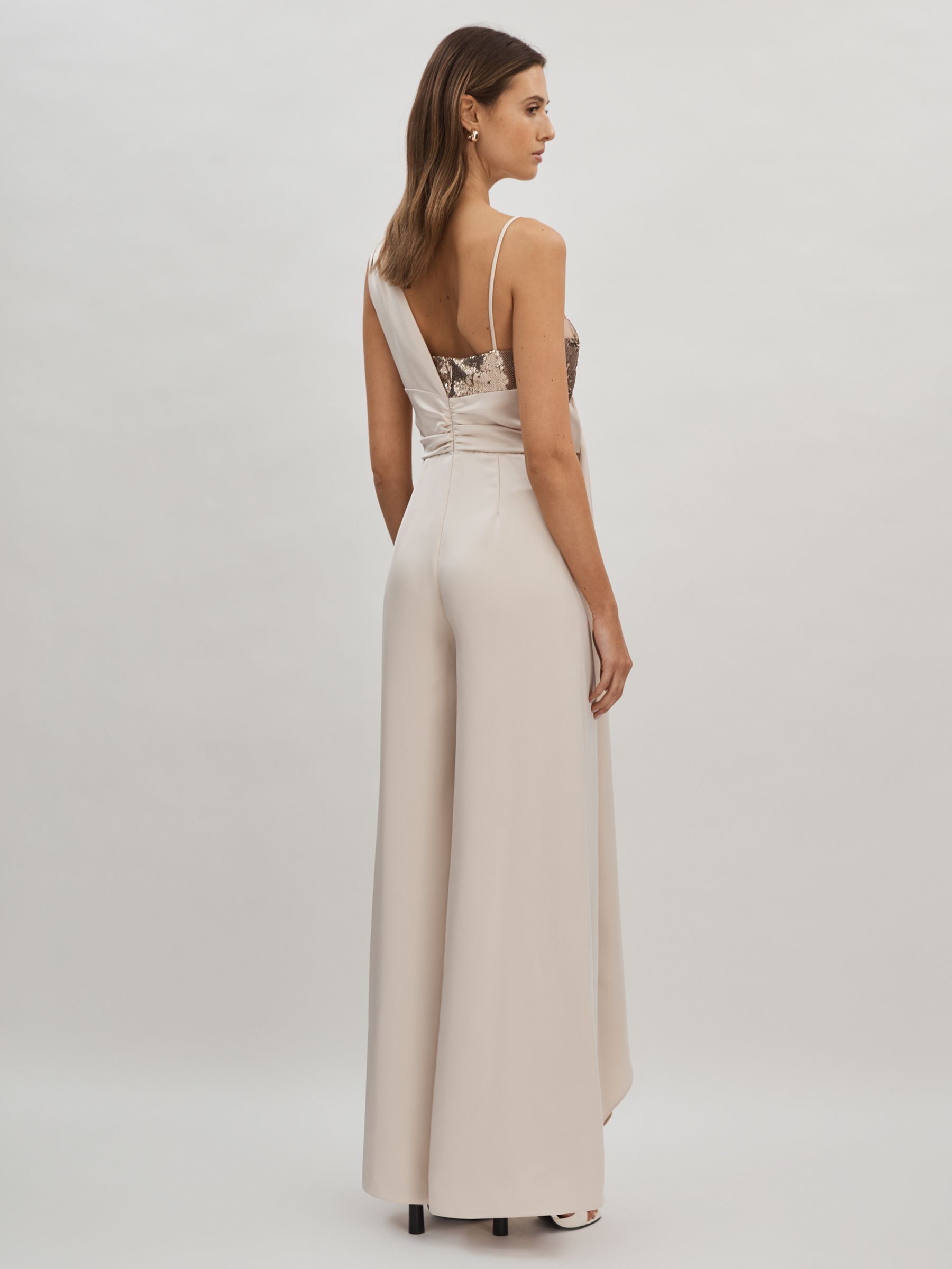 Halston Satin Sequin Wide Leg Jumpsuit in Champagne