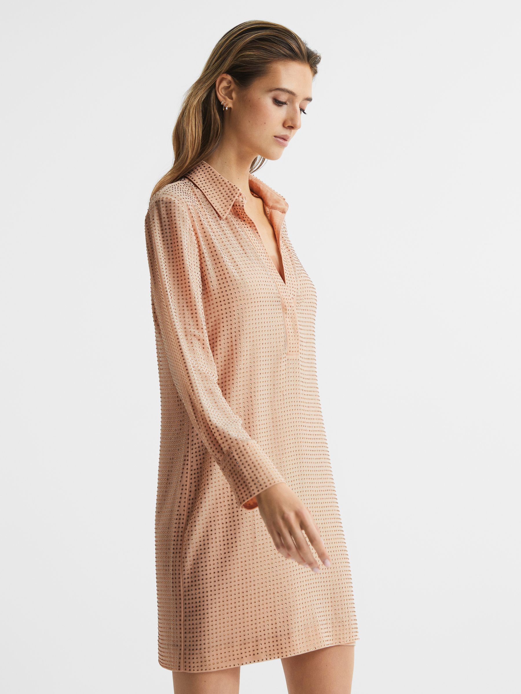 Embellished Mini Shirt Dress in Nude