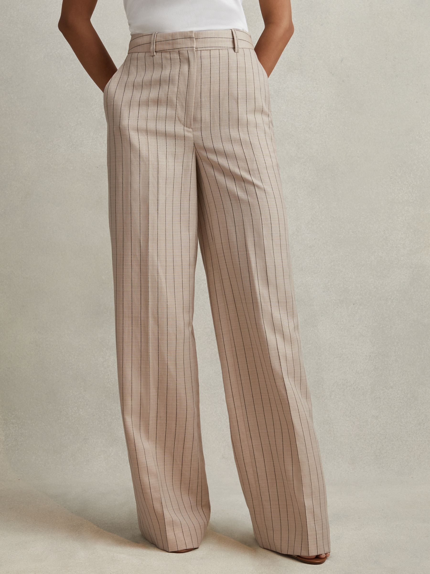 Wool Blend Striped Wide Leg Trousers in Neutral