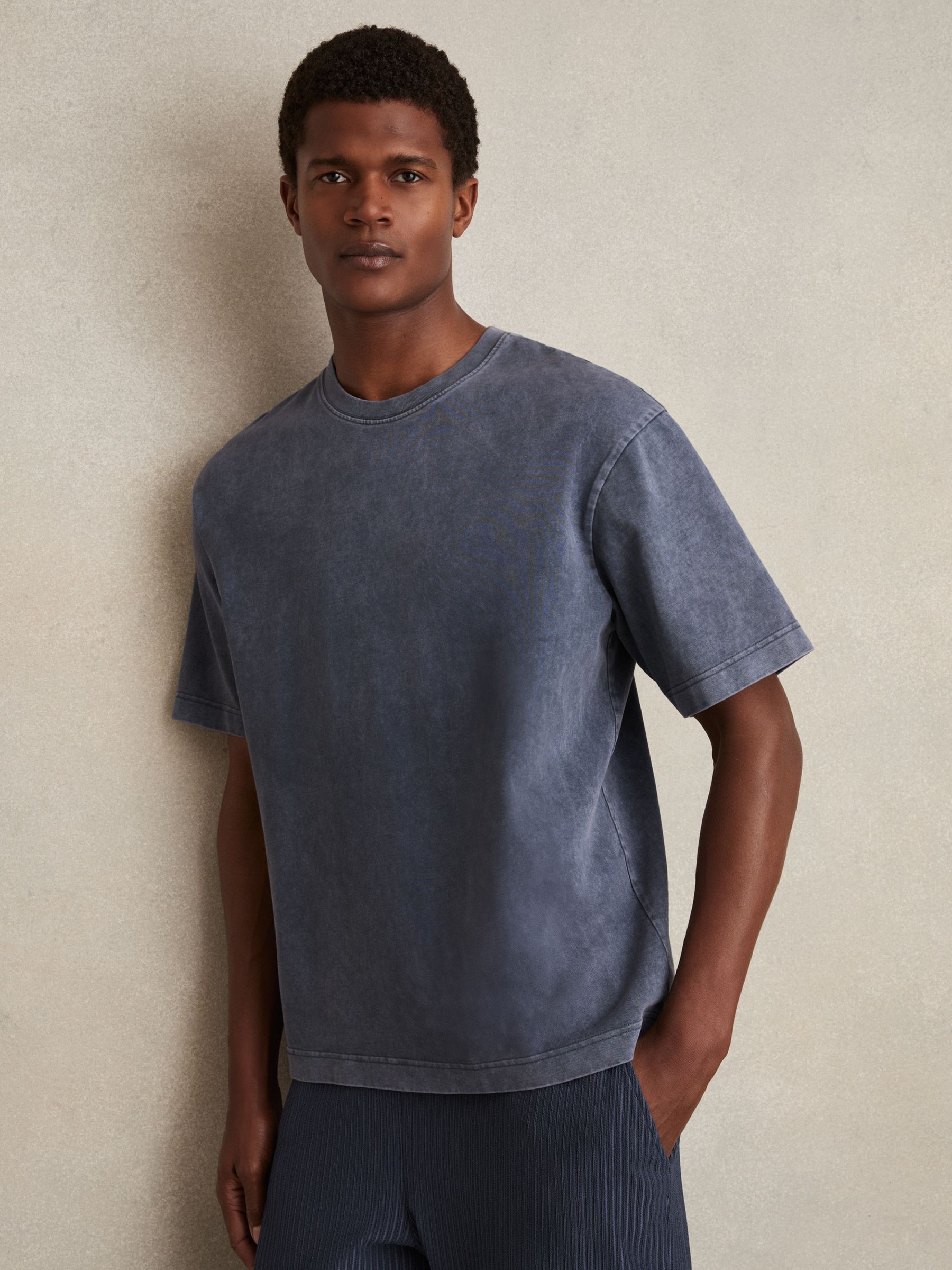 Cotton Garment-Dyed Oversize T-Shirt in Indigo Blue