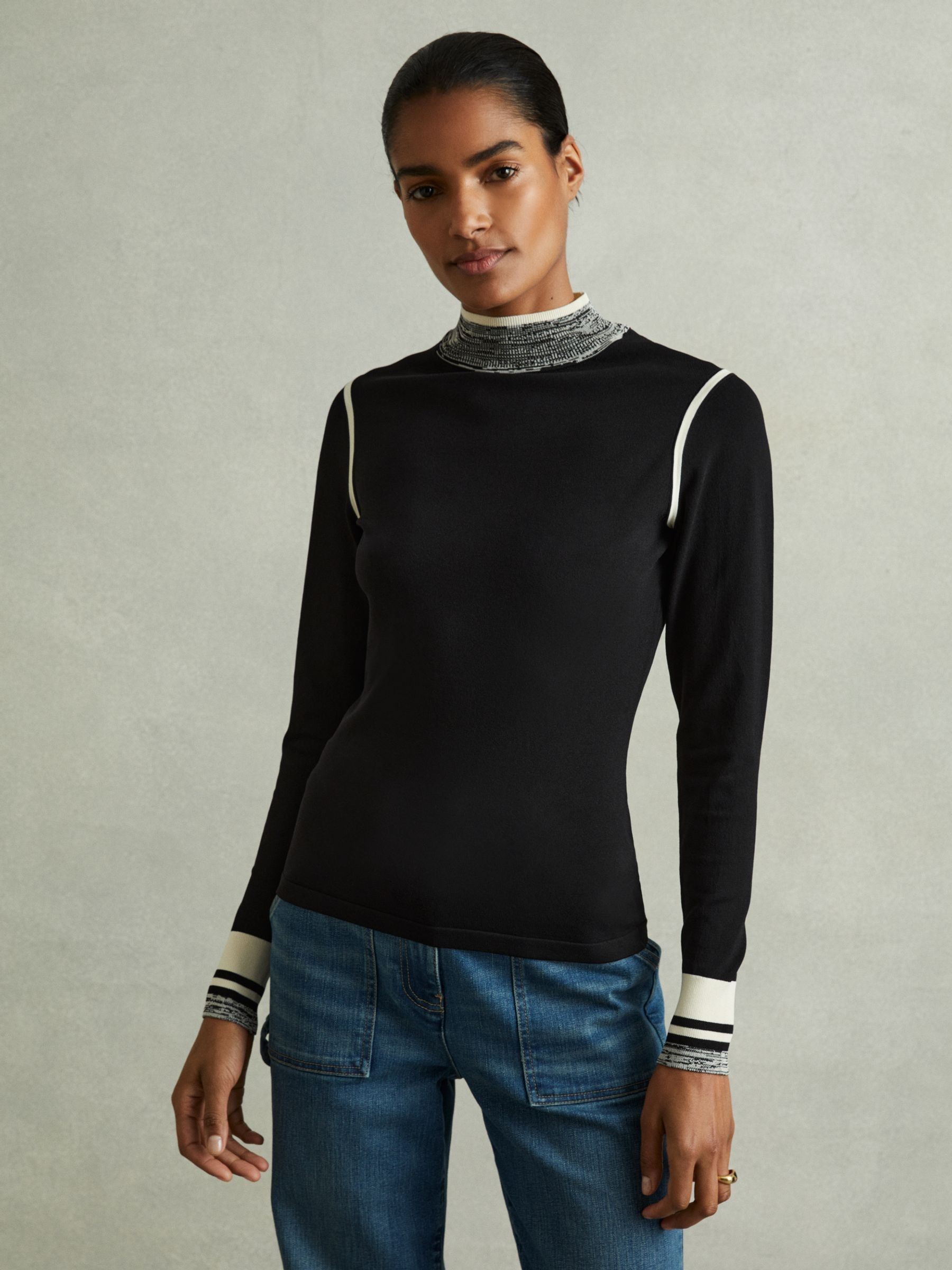 Knitted Contrast High Neck Jumper in Black/Cream