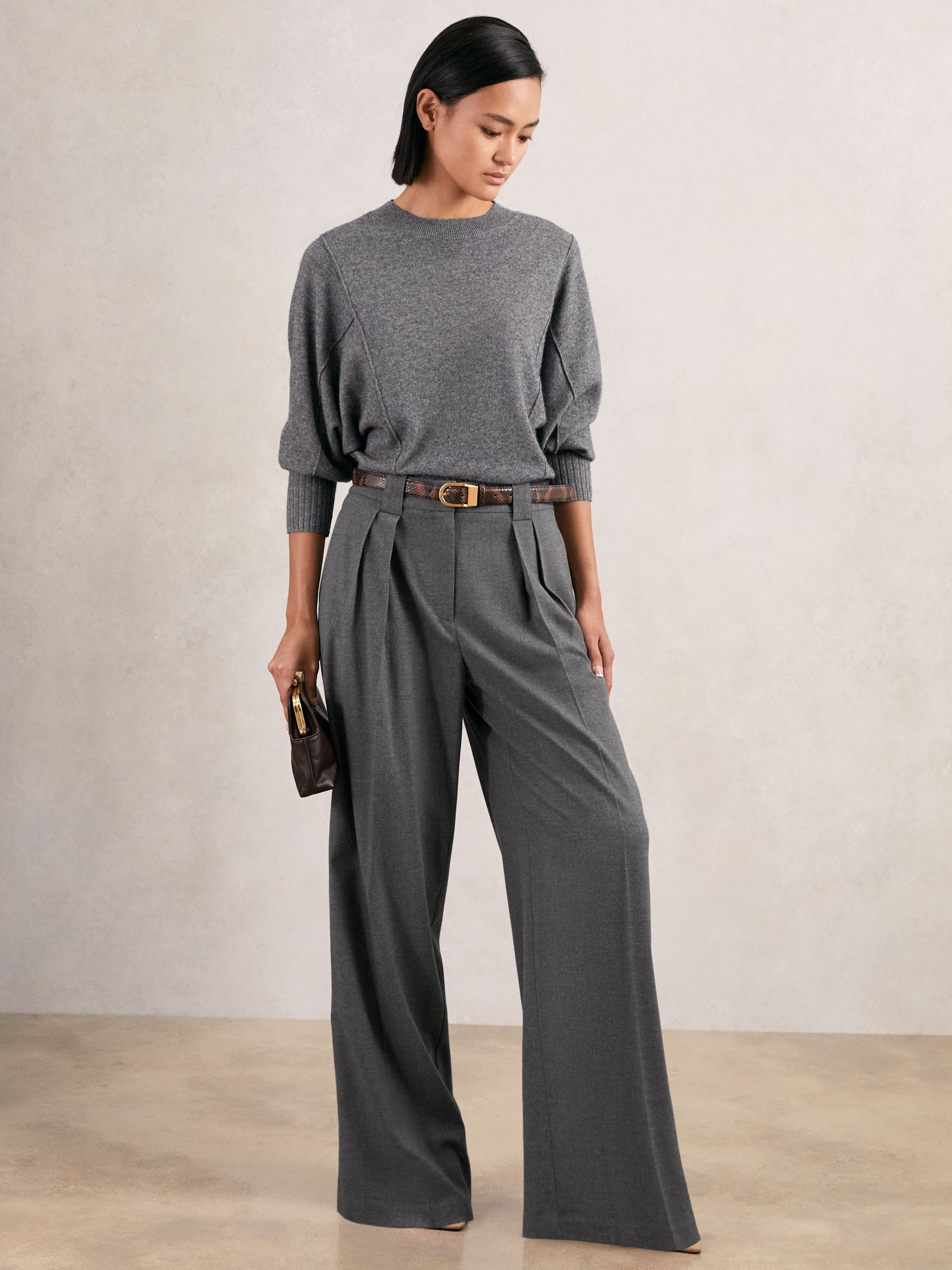 Petite Wide Leg Pleated Trousers in Grey