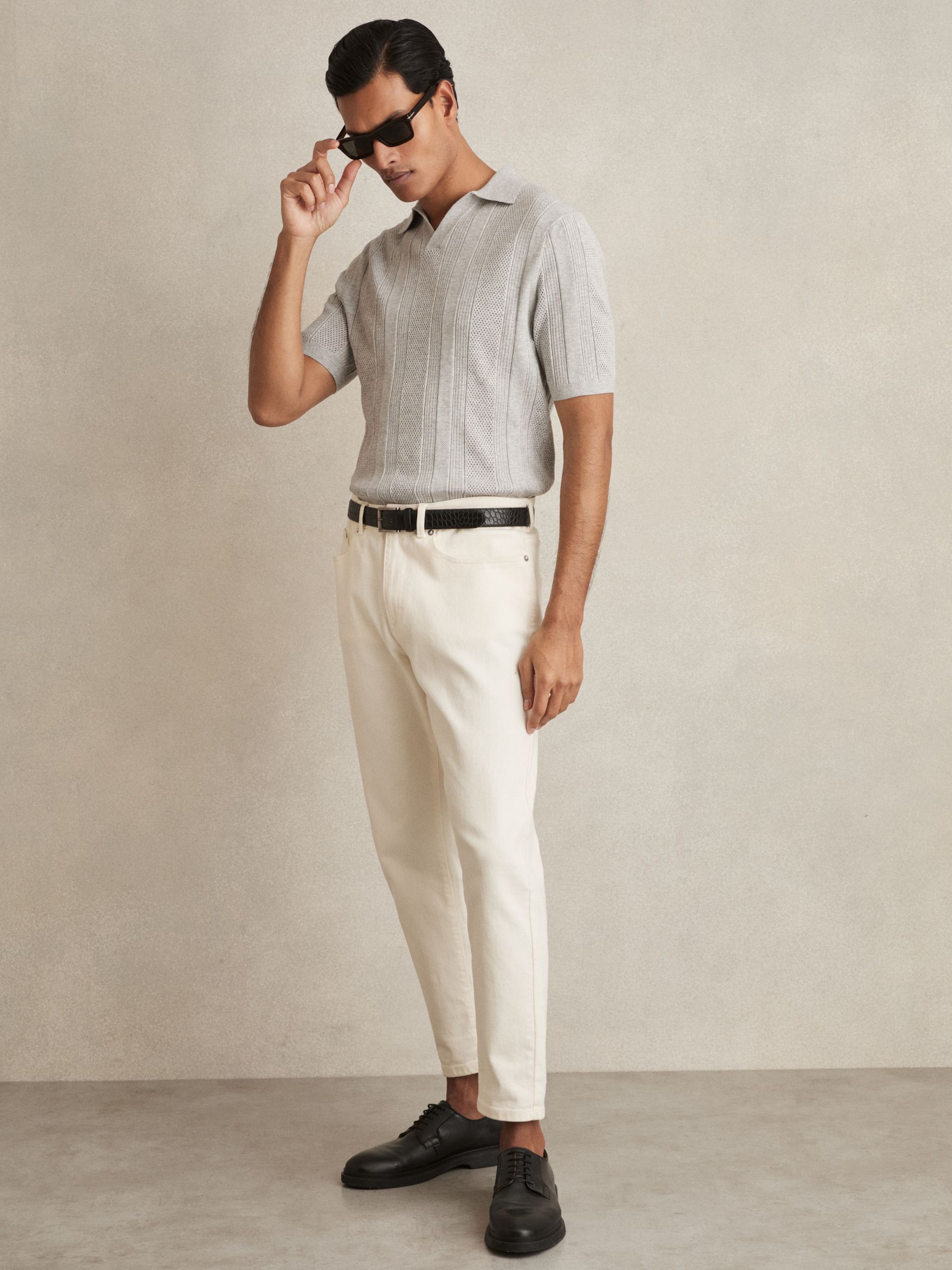 Textured-Stripe Knitted Polo Shirt in Grey Melange