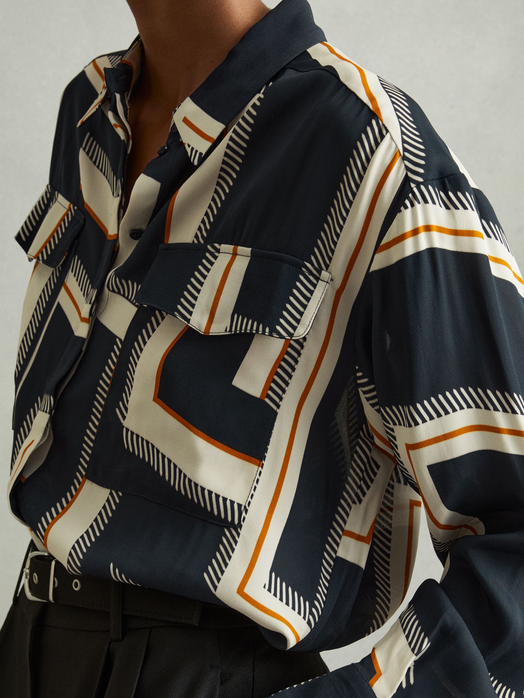 Isadora Navy Geometric Print Button Through Shirt