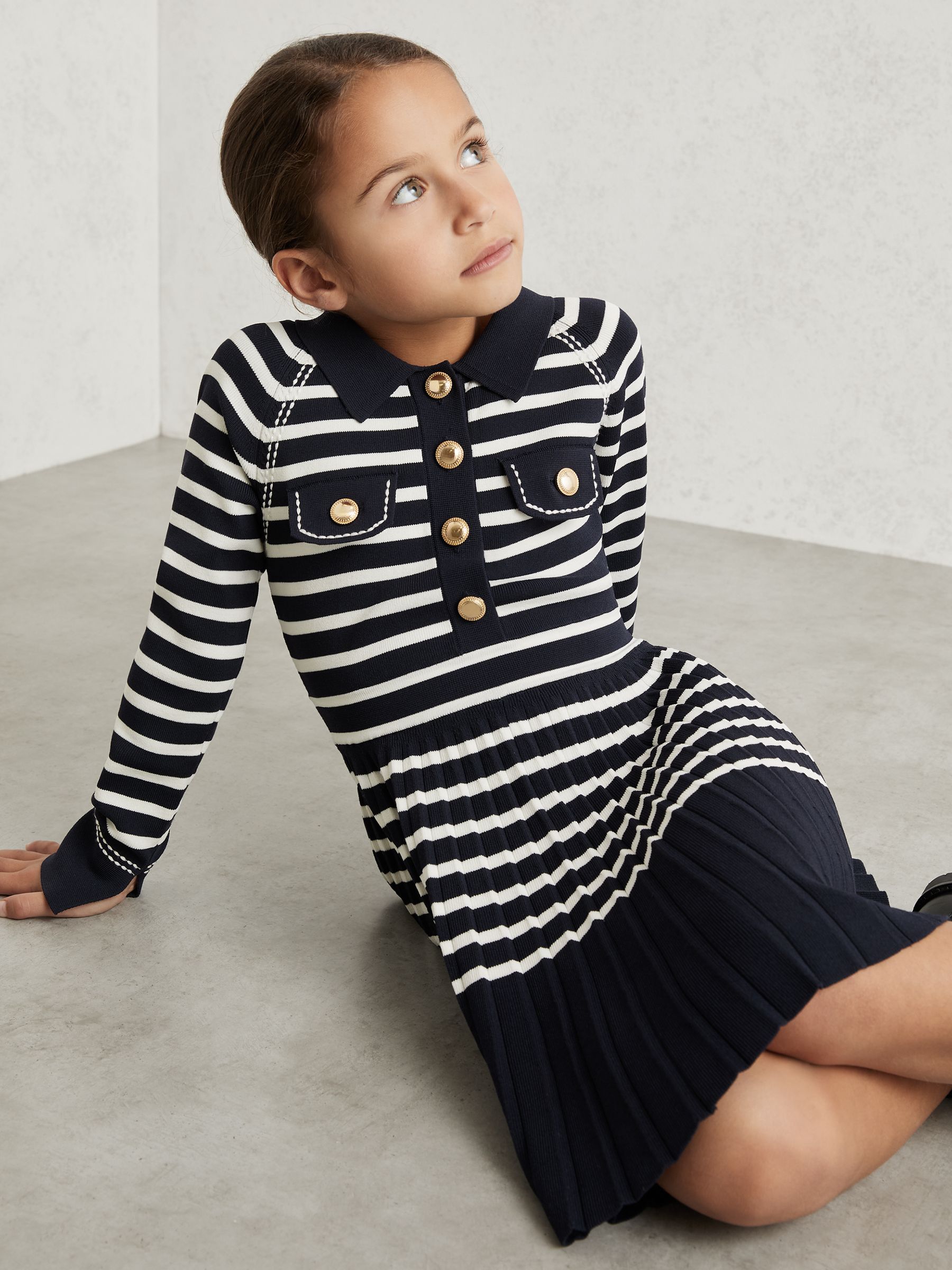 9-13 yrs Button-Detail Stripe Knitted Dress in Navy/White