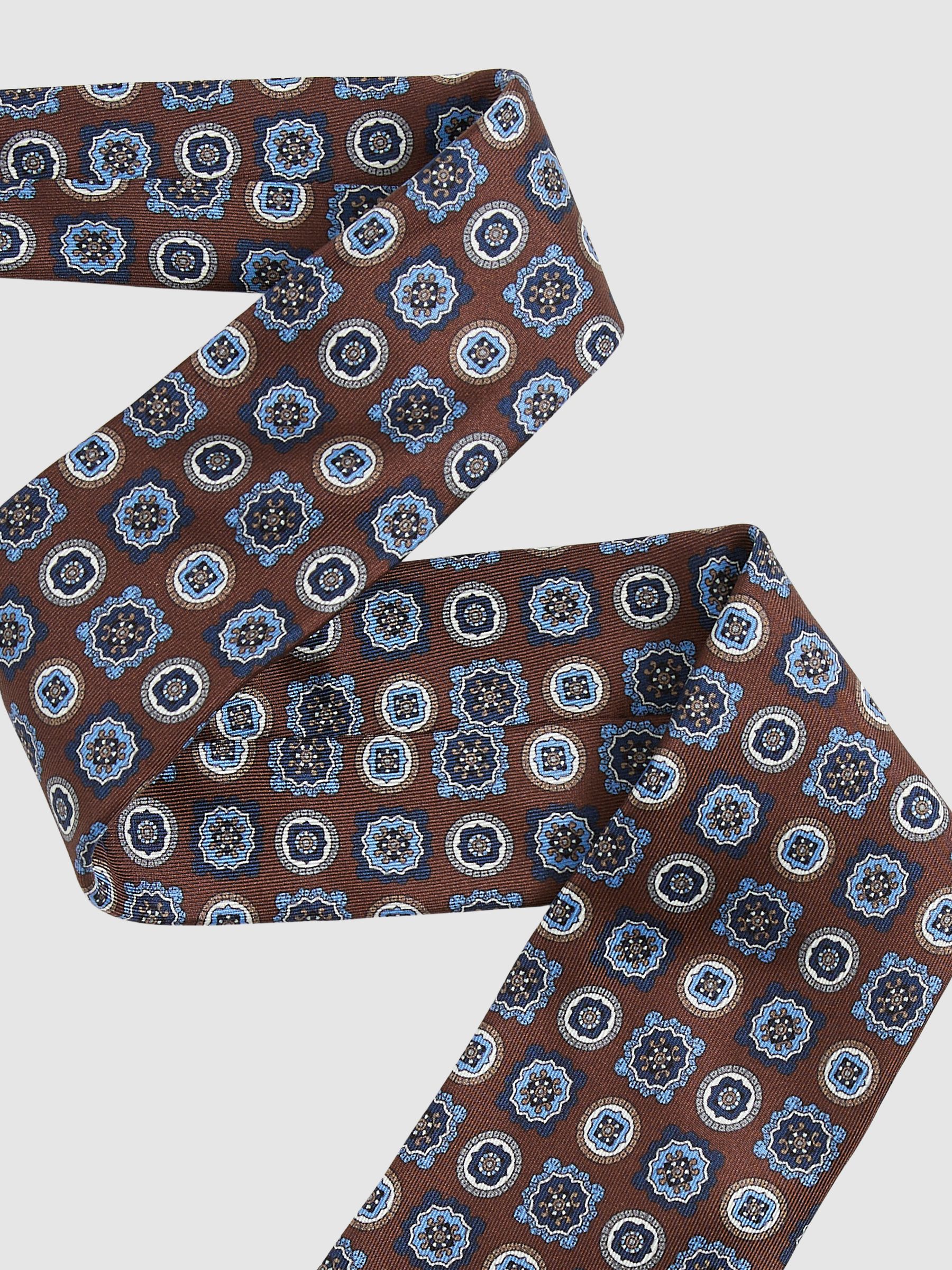 Silk Foulard Medallion Print Tie in Chocolate Brown