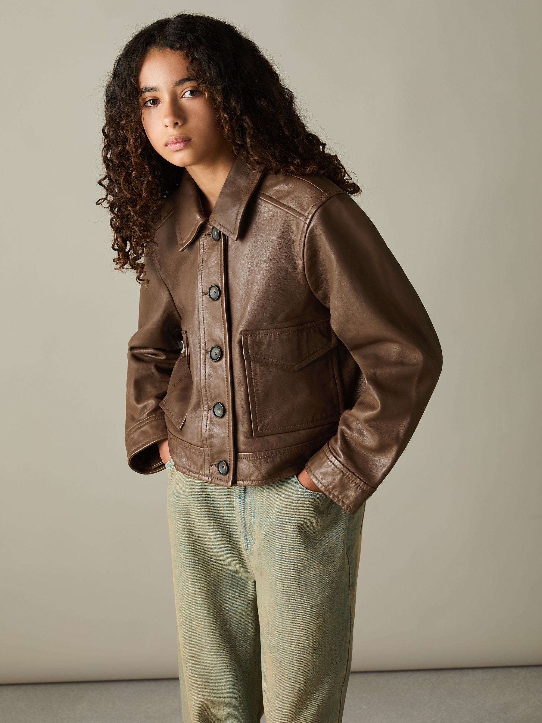 9-13 yrs Leather Patch-Pocket Jacket in Brown