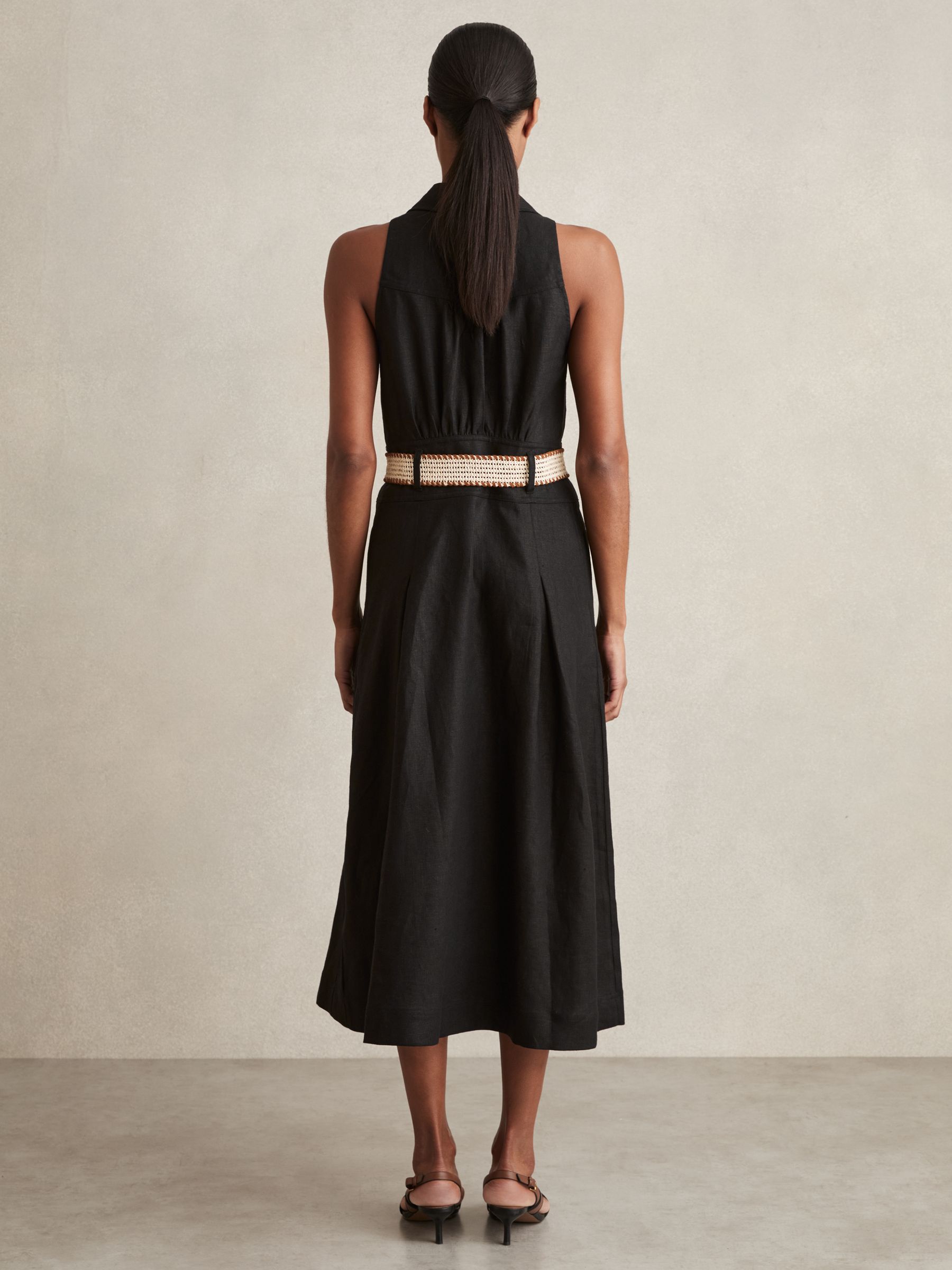 Linen Belted Sleeveless Midi Dress in Black