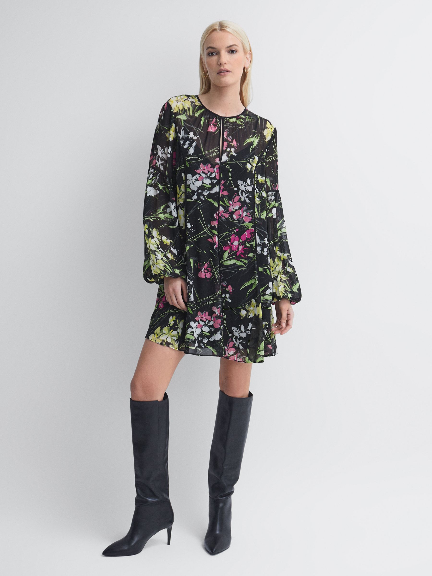 Florere Sheer Floral Mini Dress in Black