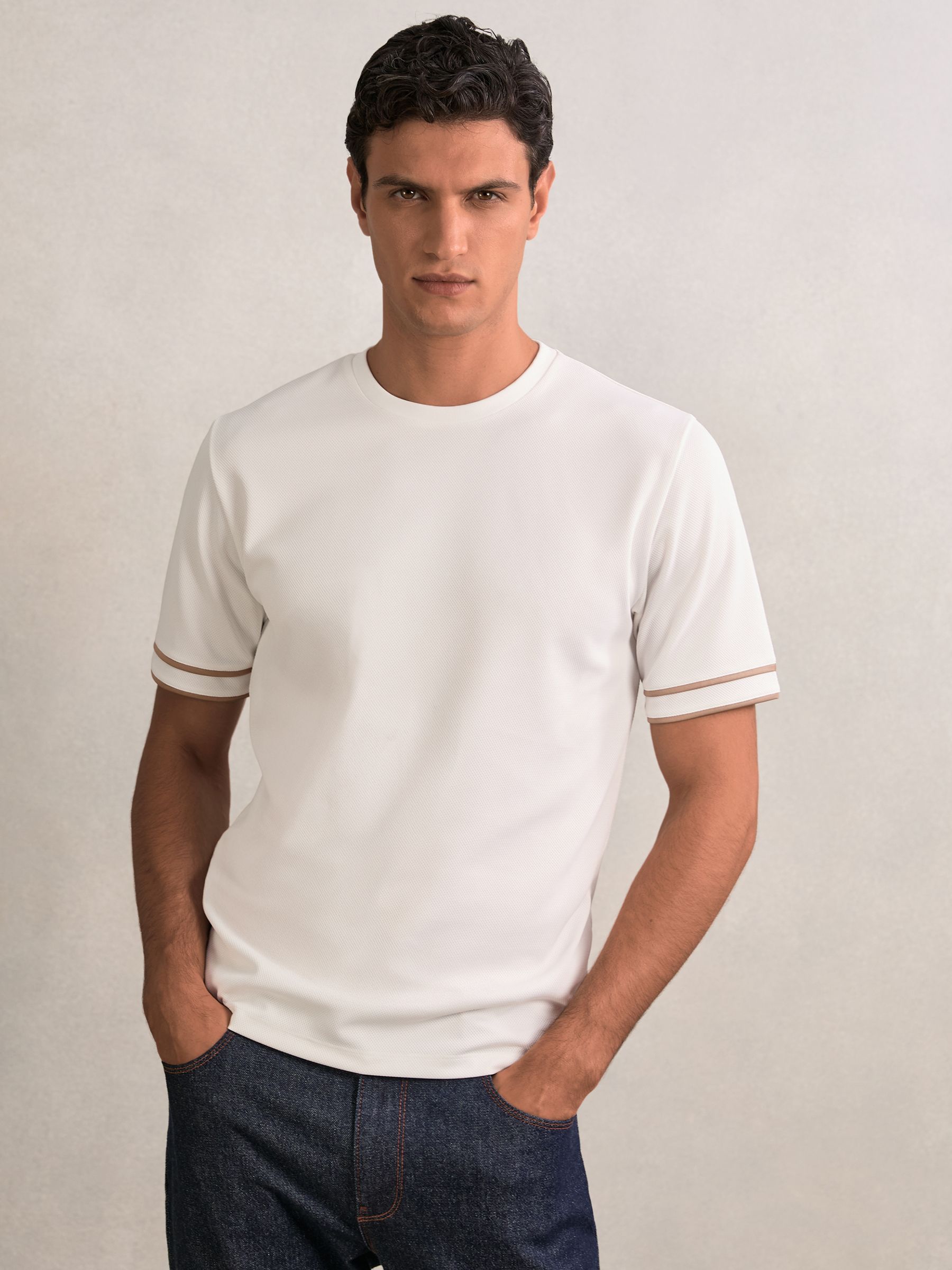 Textured Crew-Neck Tipped T-Shirt in White