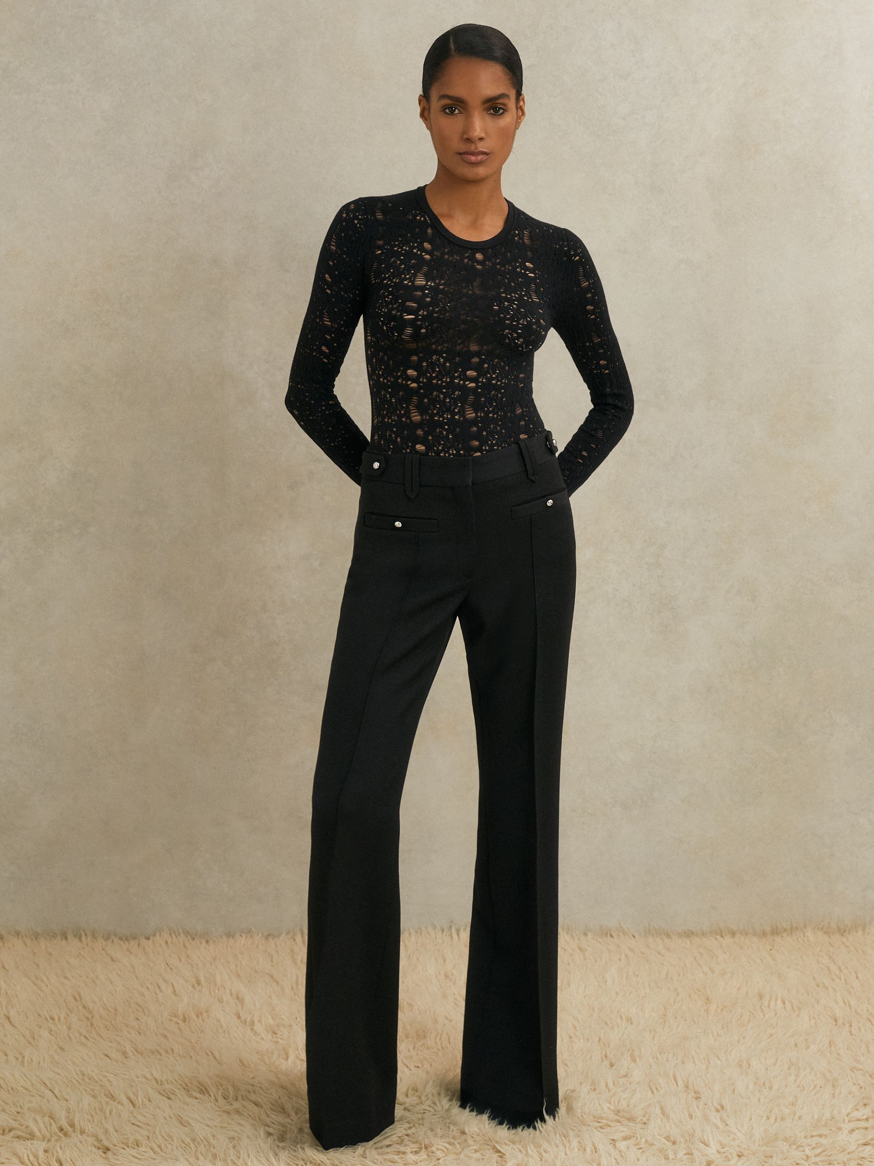 Atelier Lace-Knit Long-Sleeve Bodysuit in Black