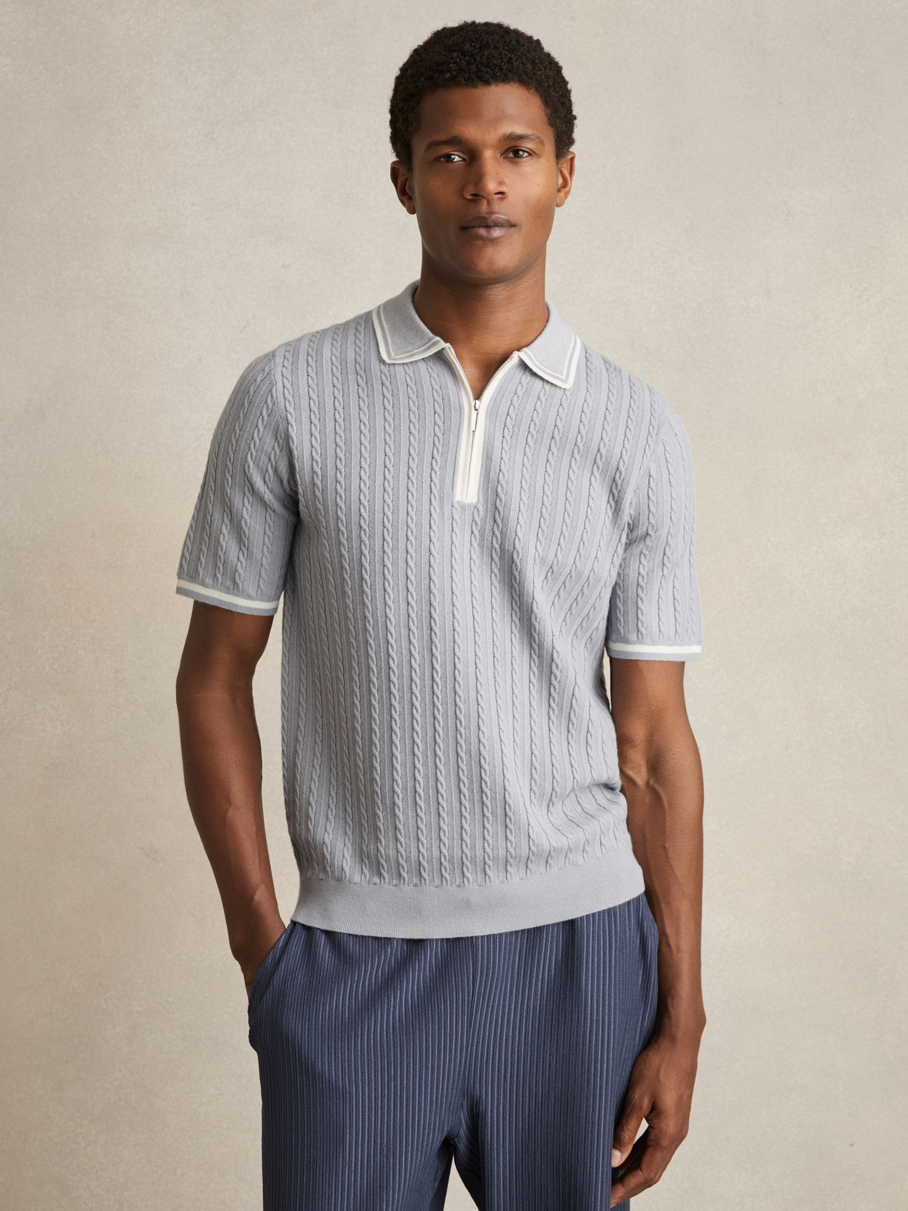 Micro-Cable Half-Zip Polo Shirt in Soft Blue