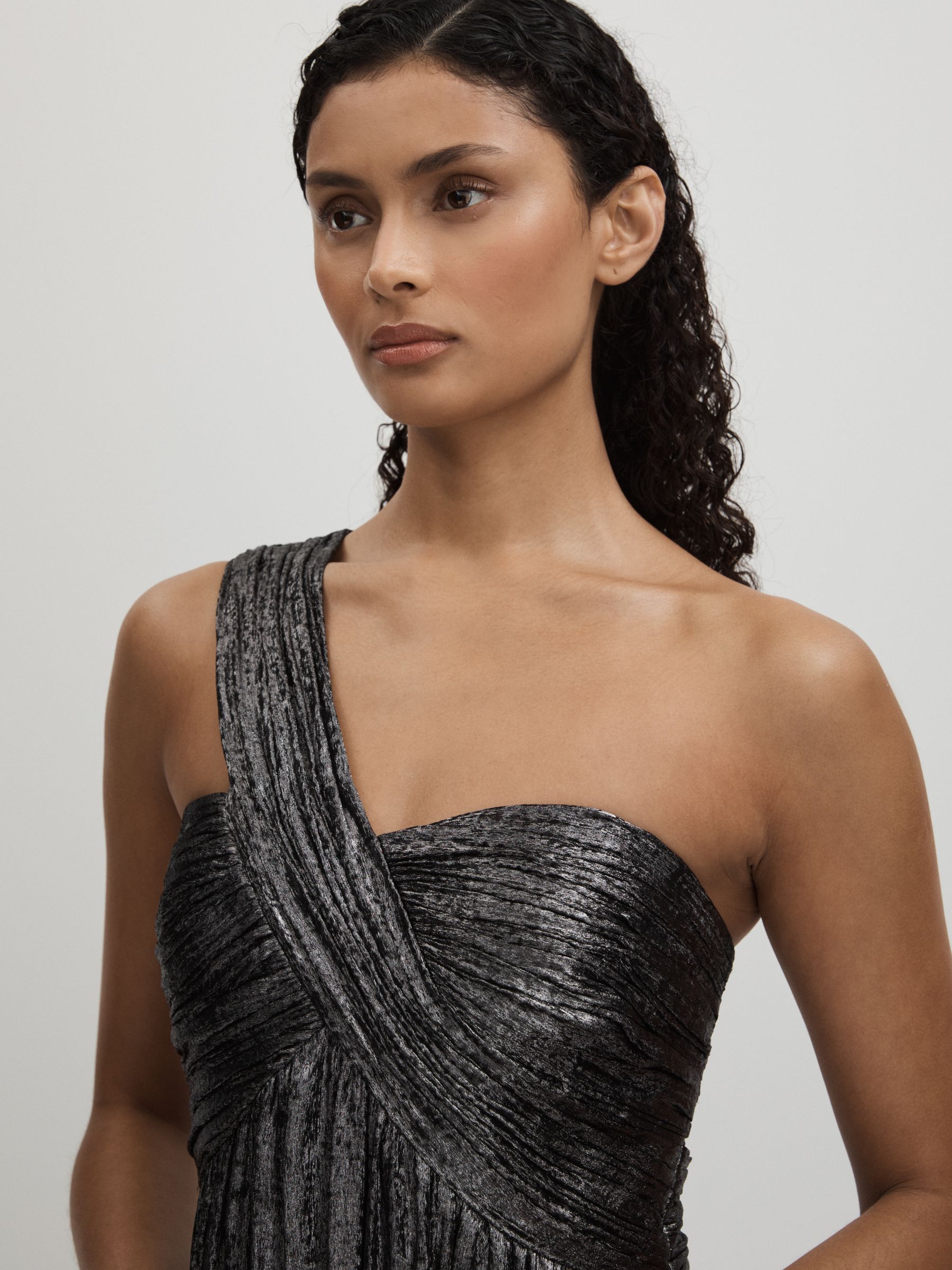 Amur Metallic One Shoulder Maxi Dress in Dark Grey