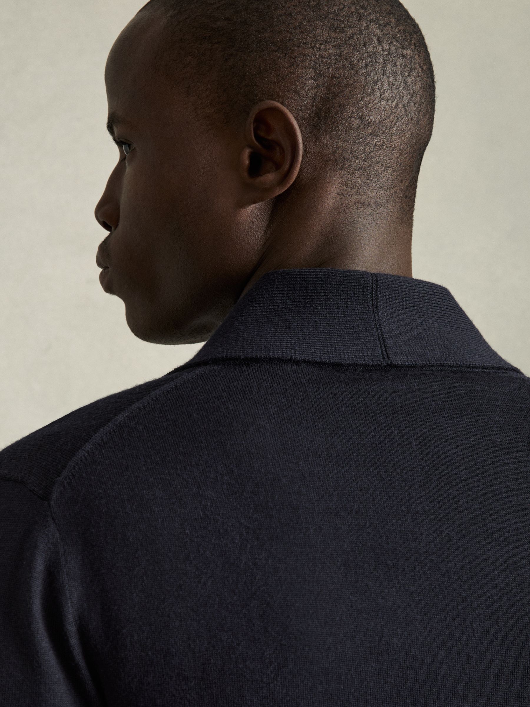 Merino Wool Shawl-Collar Cardigan in Navy